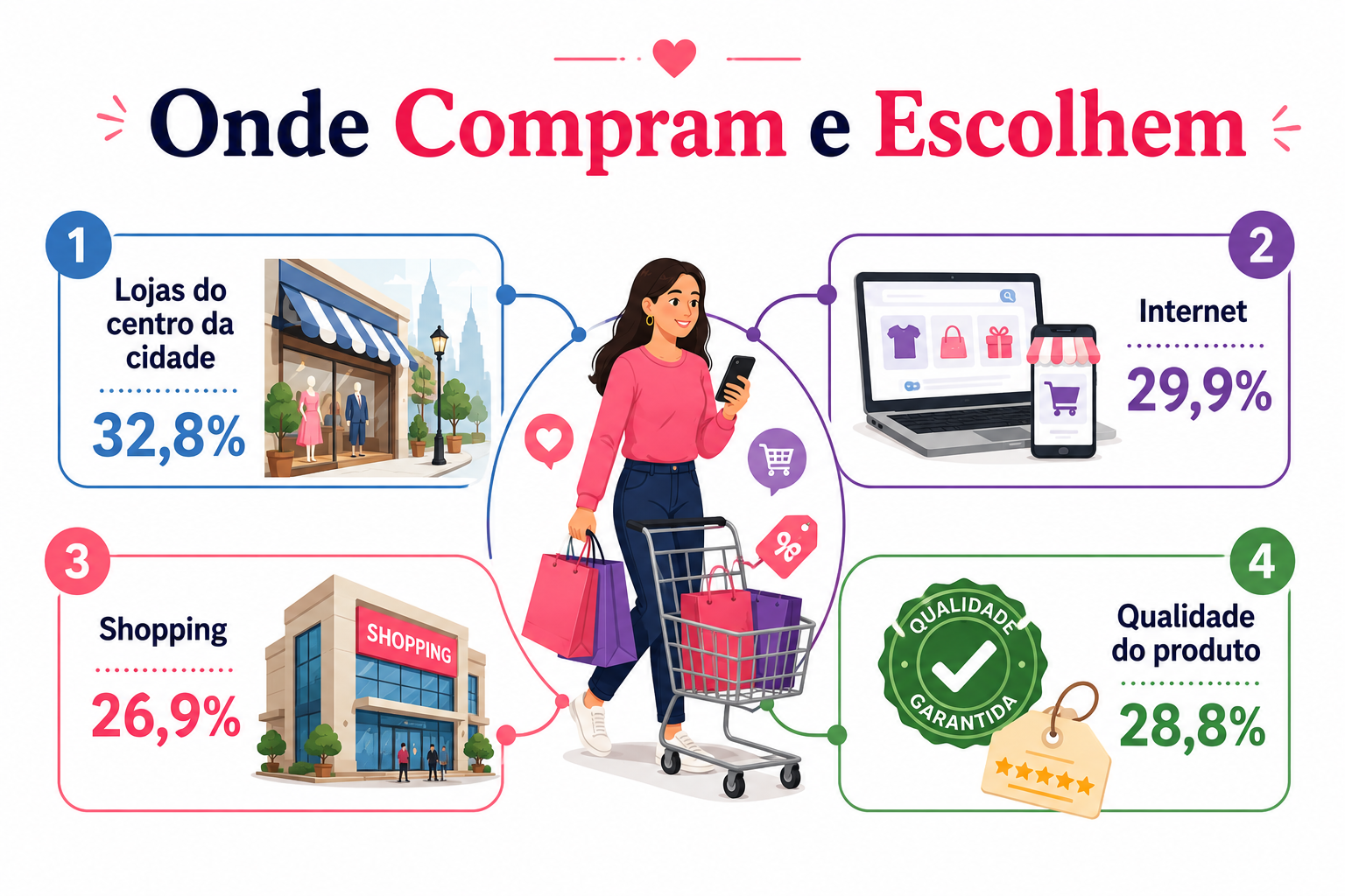 “Infográfico comparando os principais locais de compra e o fator qualidade do produto como elemento de decisão no varejo.”