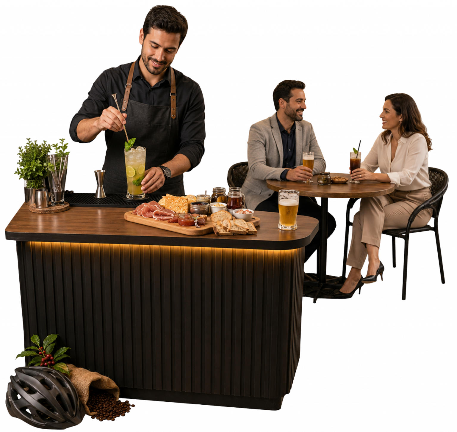 “Imagem realista de um bartender preparando bebida sem álcool sofisticada em um bar compacto, com petiscos inspirados em embutidos e clientes adultos em clima de happy hour responsável.”