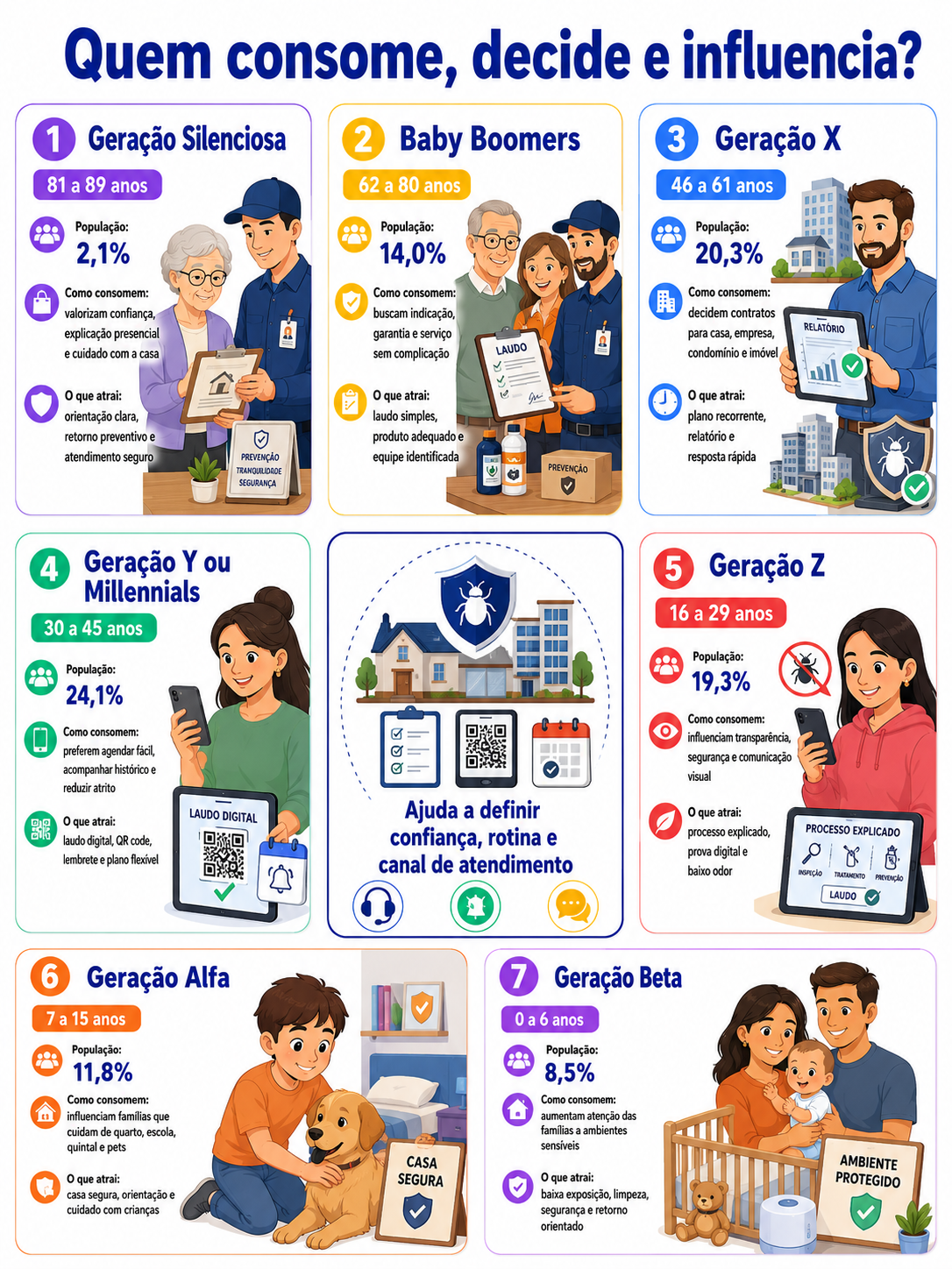 “Infográfico com radar geracional de consumo em Ibiporã, mostrando como diferentes gerações consomem, decidem e influenciam a contratação de controle preventivo de pragas urbanas.”