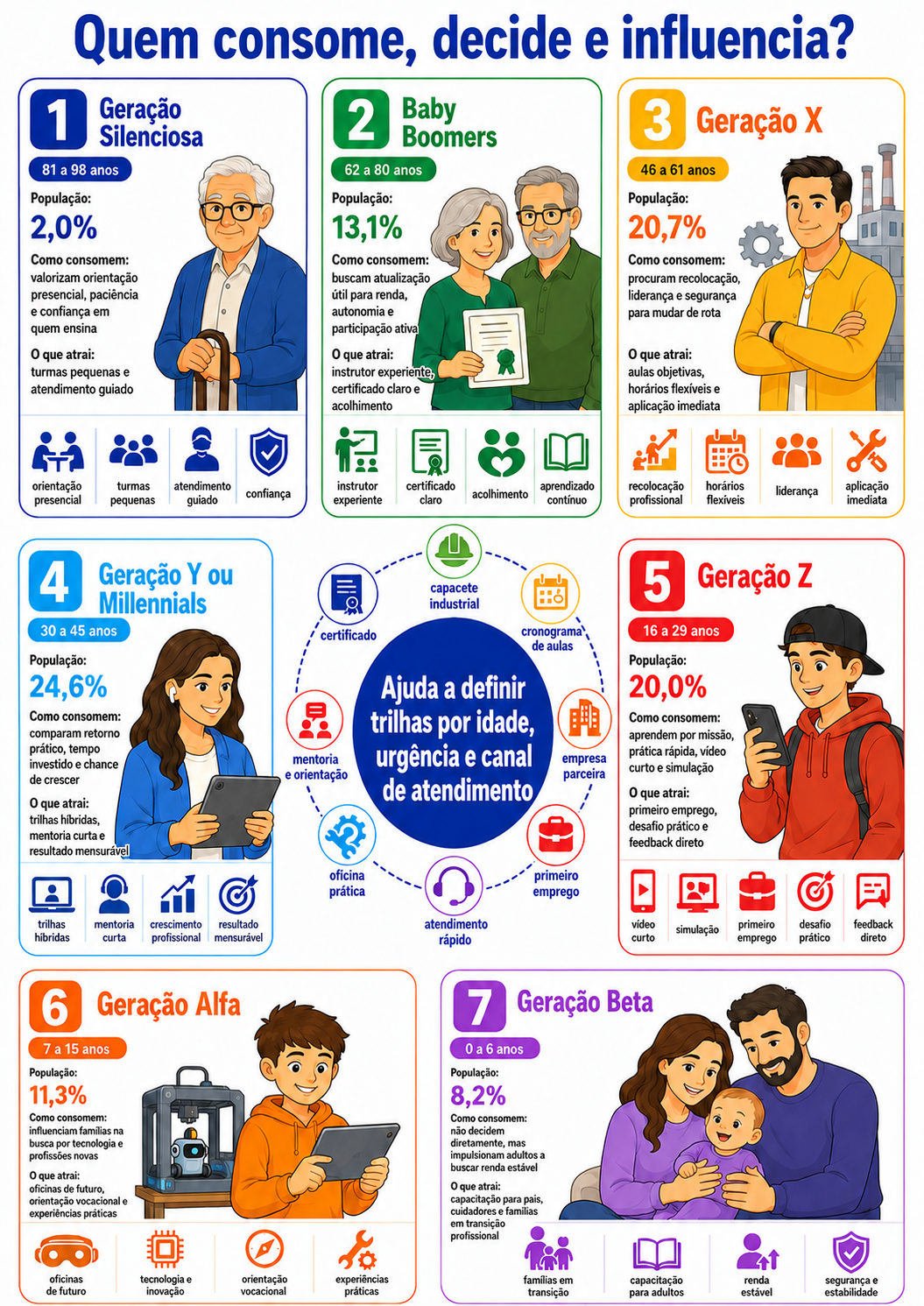 “Infográfico com radar geracional de consumo em Cambé, relacionando faixas etárias, comportamento de aprendizagem profissional e fatores de atração para cursos rápidos.”