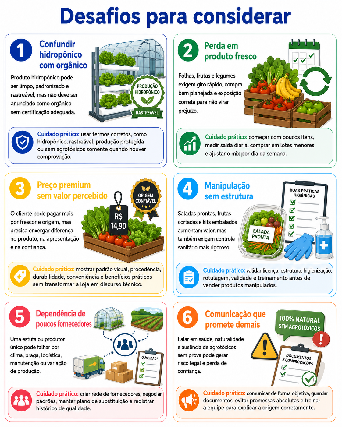 “Infográfico com seis desafios para abrir um hortifruti hidropônico em Cambé, destacando comunicação correta, perdas, preço, manipulação, fornecedores e comprovação de origem.”