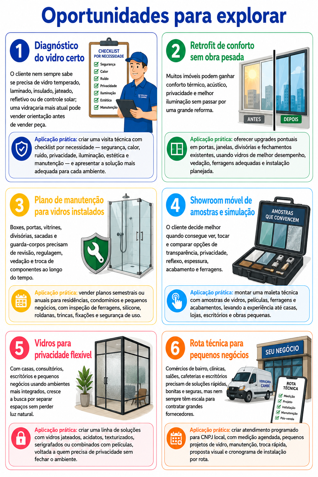 “Infográfico com seis oportunidades para abrir uma vidraçaria em Cambé, com foco em reformas rápidas, sacadas, fachadas comerciais, divisórias, orçamento digital e conforto dos ambientes.”