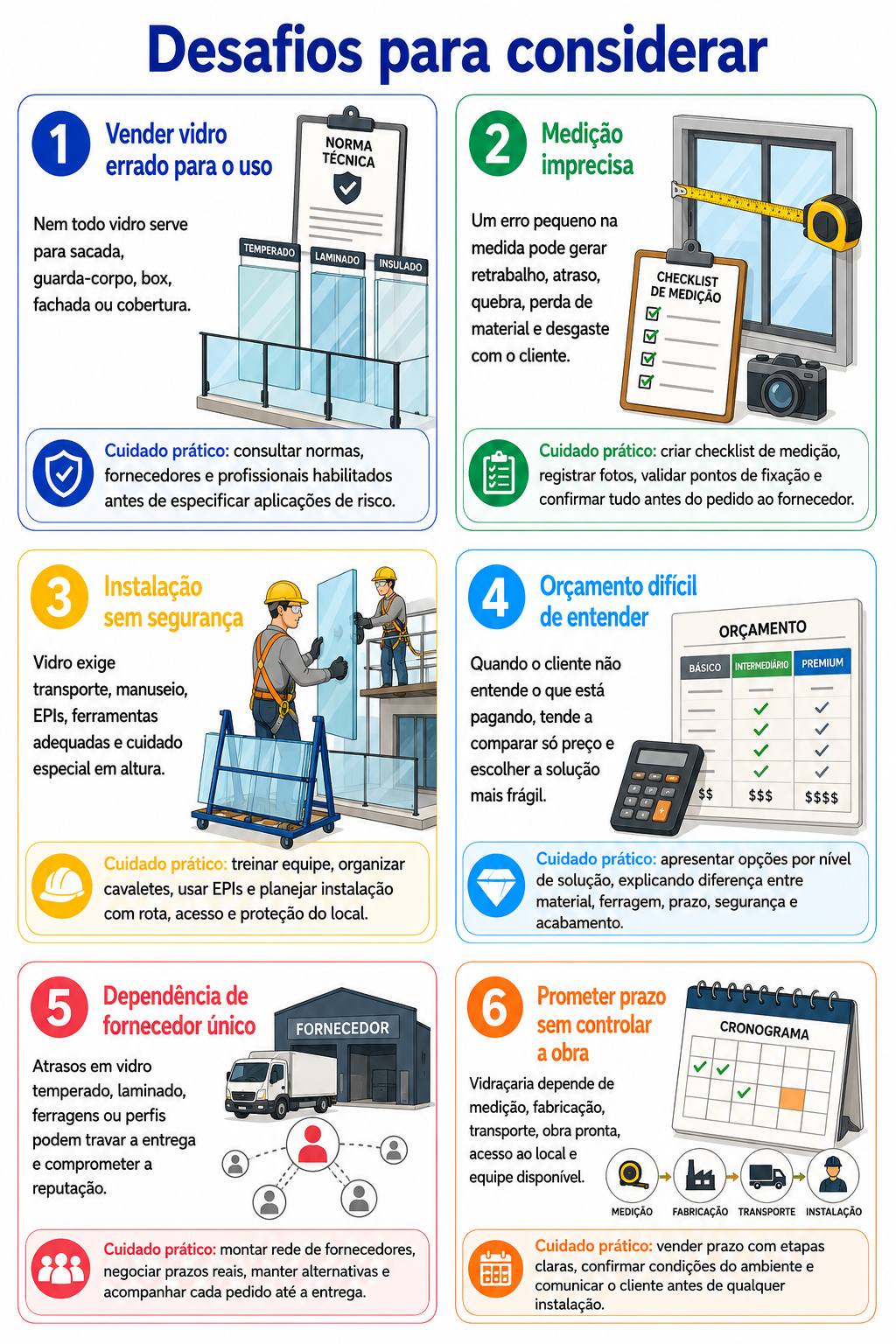 “Infográfico com seis desafios para abrir uma vidraçaria em Cambé, destacando especificação correta, medição, segurança, orçamento, fornecedores e controle de prazos.”