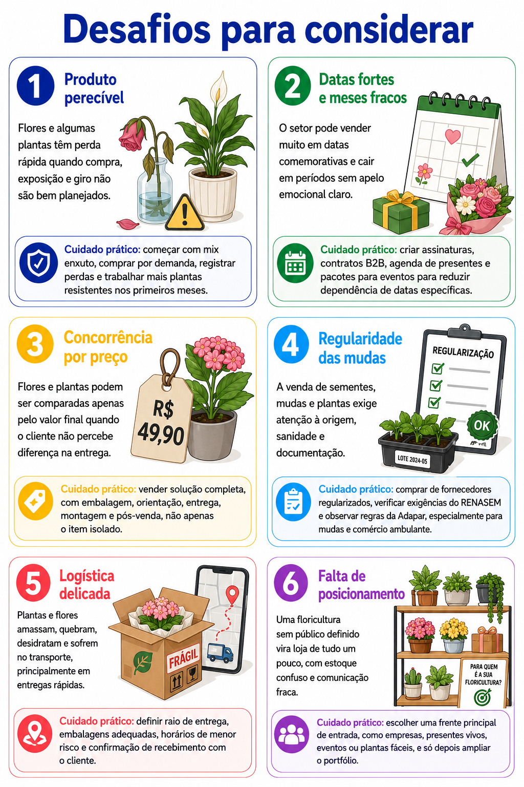 “Infográfico com seis desafios para abrir uma floricultura em Rolândia, abordando perecibilidade, sazonalidade, preço, regularização de mudas, logística e posicionamento.”