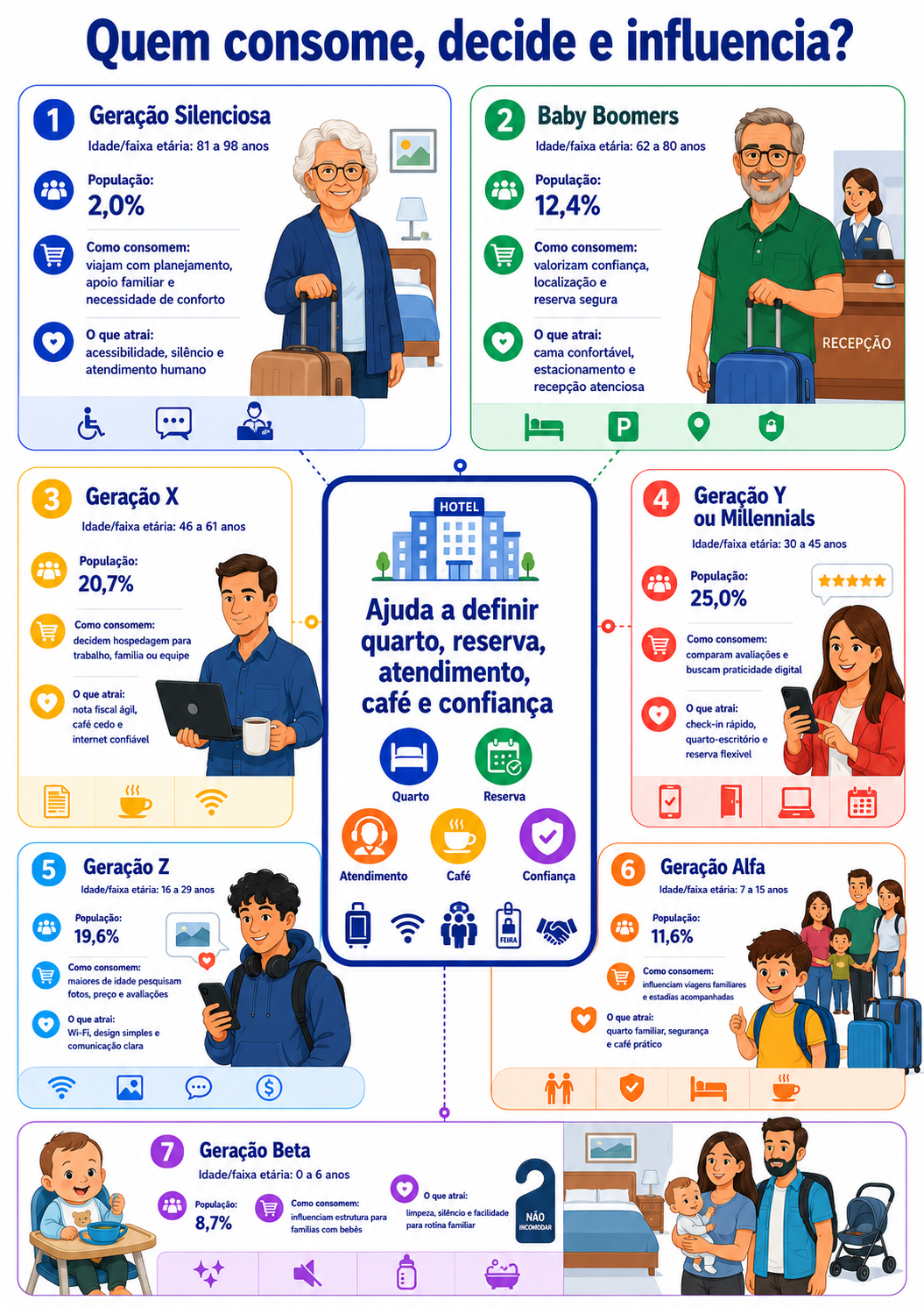 “Infográfico com radar geracional de consumo para hospedagem em Arapongas, relacionando gerações, decisão de reserva, atendimento, confiança, conforto e fatores de atração.”