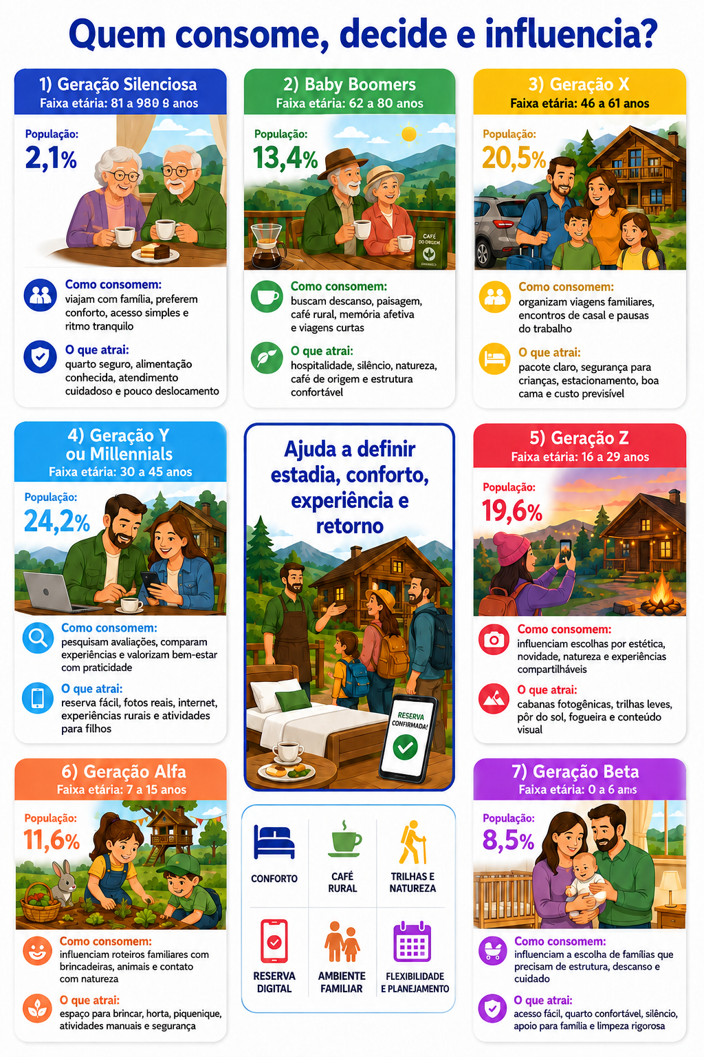 “Infográfico com radar geracional de consumo para hospedagem rural em Apucarana, mostrando como diferentes gerações consomem, decidem e influenciam estadias em refúgios rurais.”