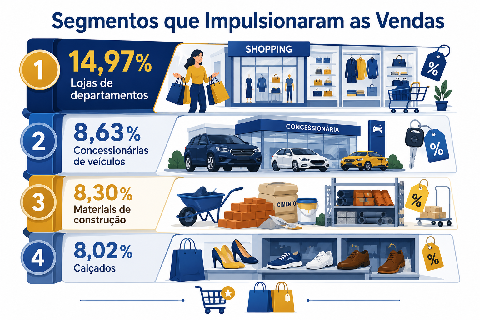 Infográfico mostrando os segmentos que mais contribuíram para o crescimento das vendas, com destaque para departamentos, veículos, construção e calçados.
