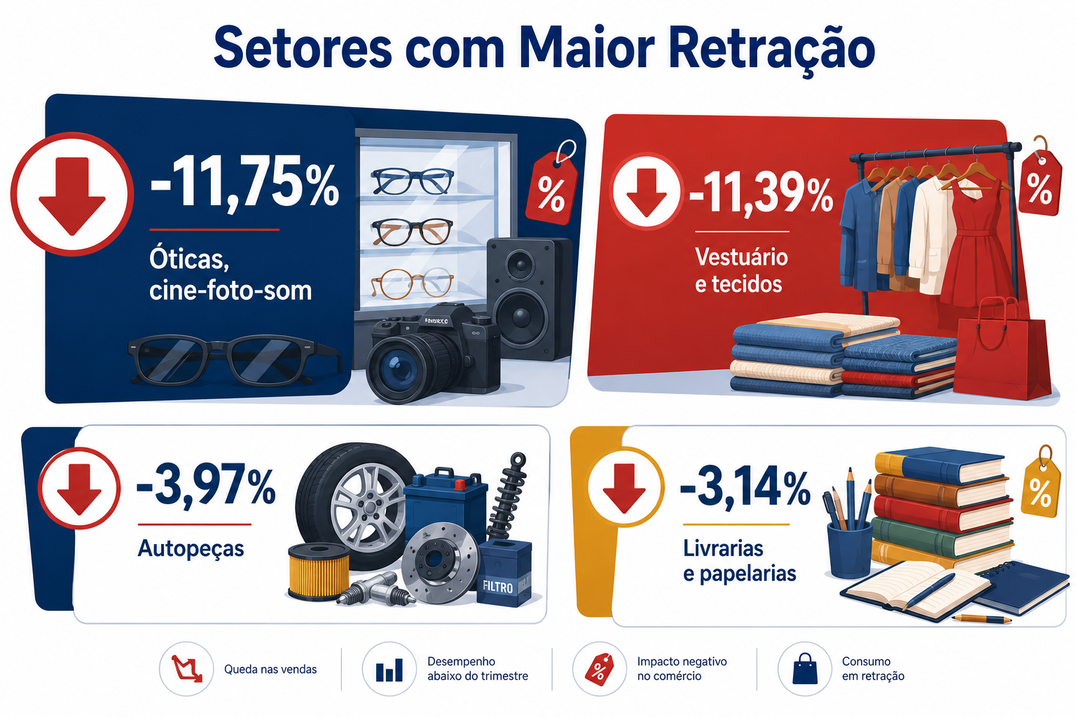 Representação visual dos setores que registraram retração no período, permitindo rápida identificação das atividades com desempenho mais fraco.