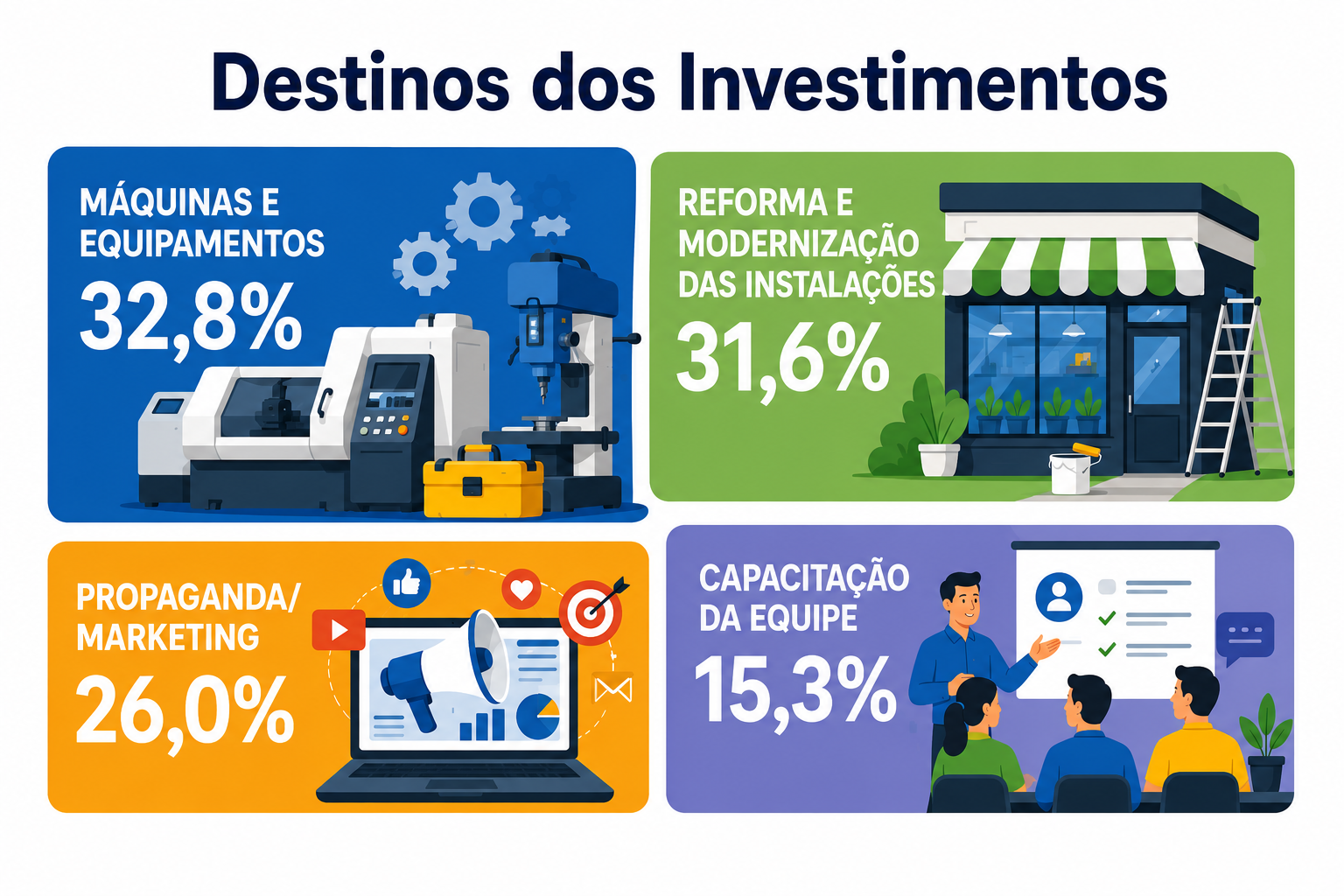 "Representação das principais áreas que receberão investimentos empresariais, incluindo equipamentos, modernização, marketing e capacitação."