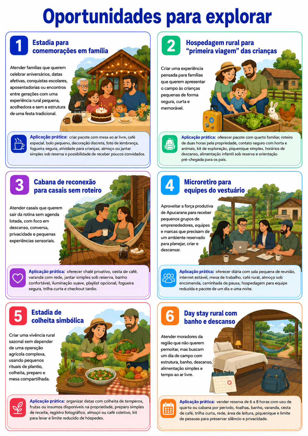 “Infográfico com seis oportunidades para abrir alojamento rural em Apucarana, conectando famílias, café de origem, descanso, crianças, equipes do vestuário e trabalho remoto.”