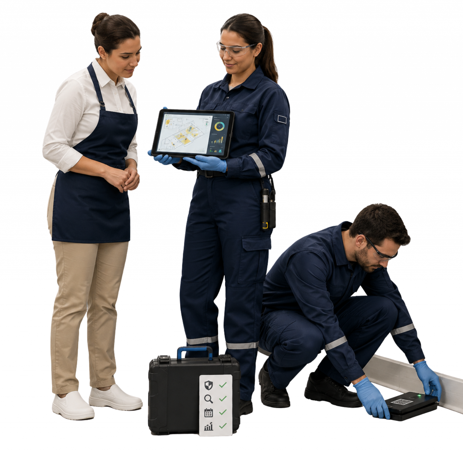 “Cena realista de equipe técnica realizando controle preventivo de pragas com tablet, mapa de risco, armadilha monitorada e relatório digital em ambiente empresarial limpo.”