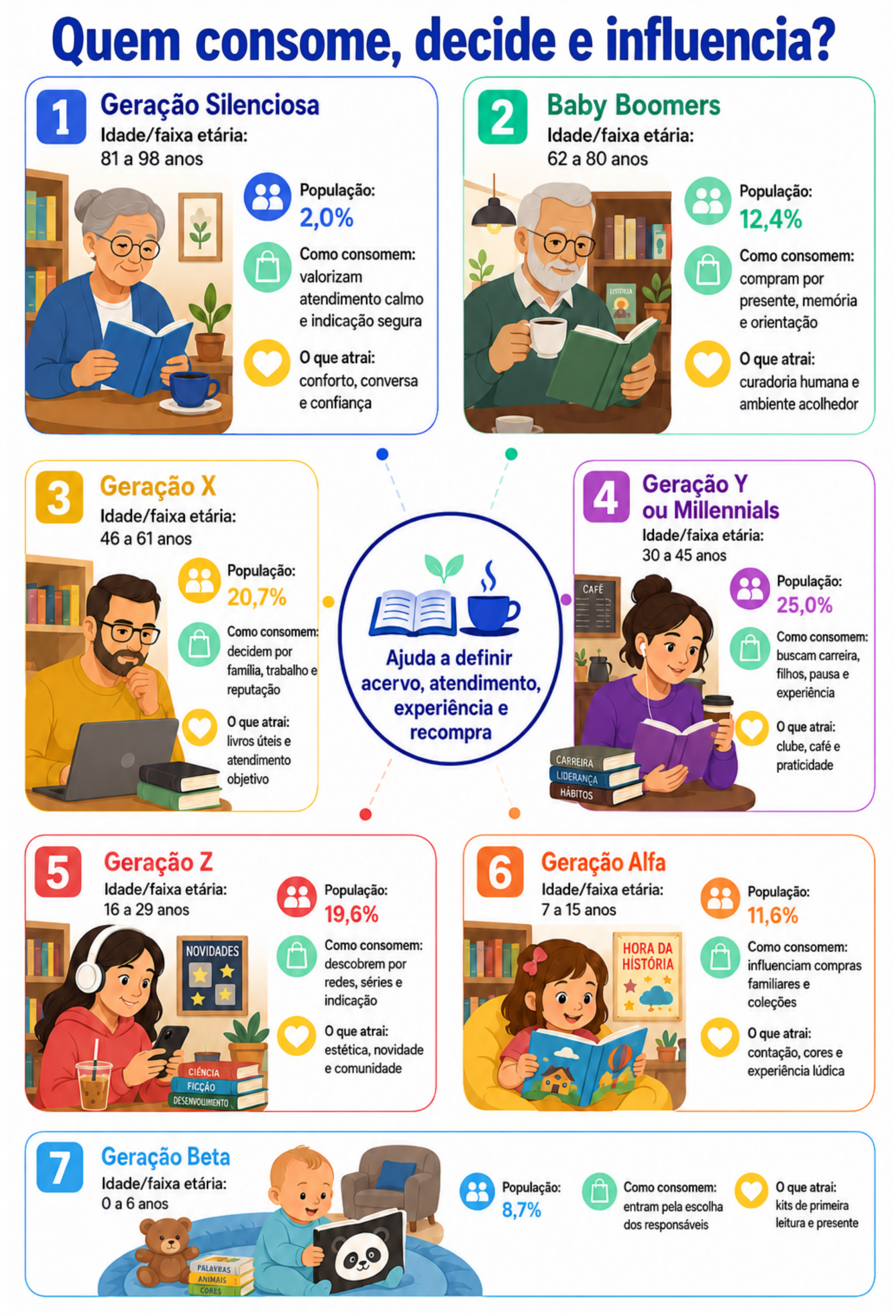 “Infográfico com radar geracional de consumo para livraria-café em Arapongas, relacionando gerações, decisão de compra, influência familiar, atendimento e fatores de atração.”