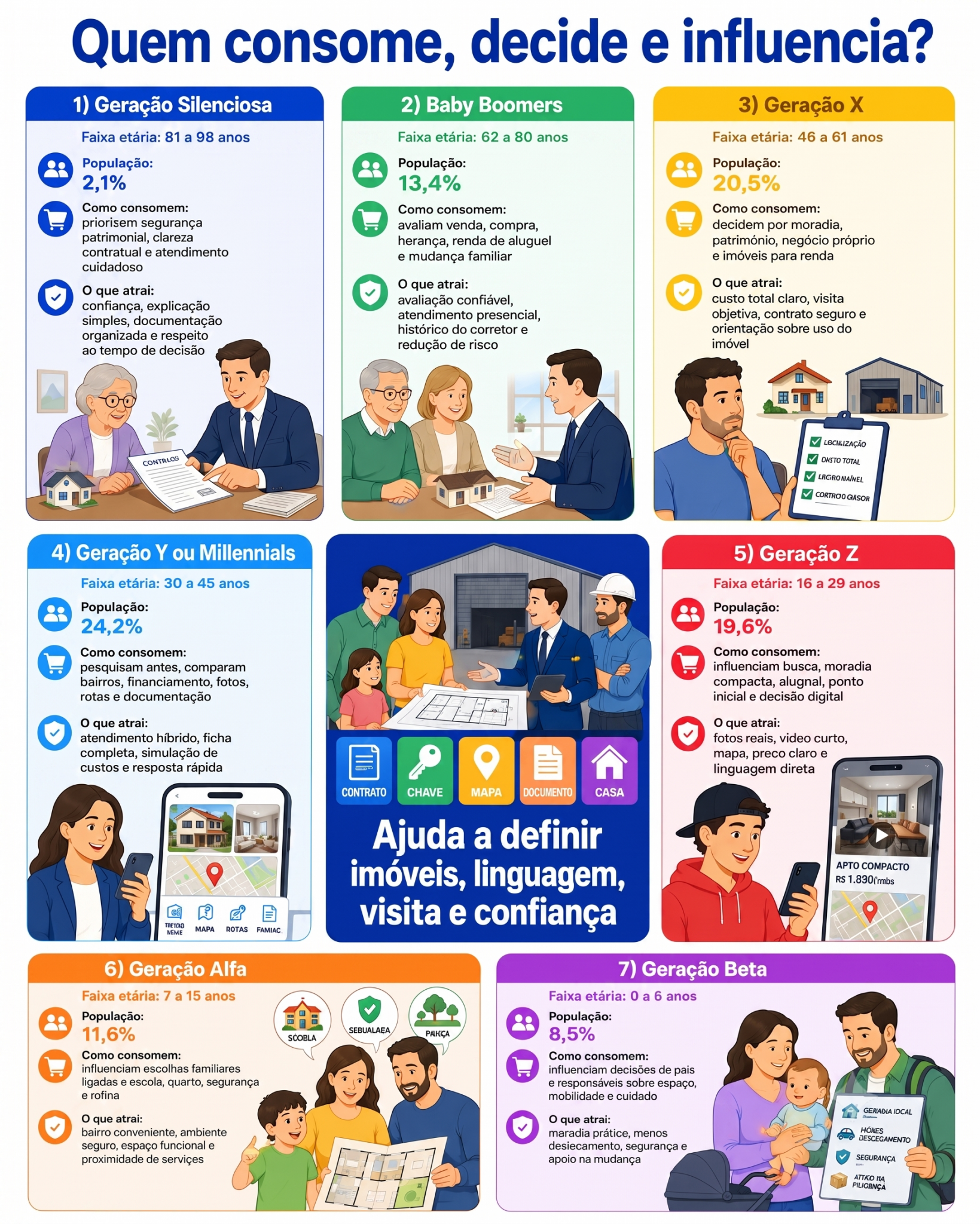 “Infográfico com radar geracional de consumo para serviços imobiliários em Apucarana, mostrando como diferentes gerações consomem, decidem e influenciam escolhas de moradia, ponto comercial e imóvel produtivo.”