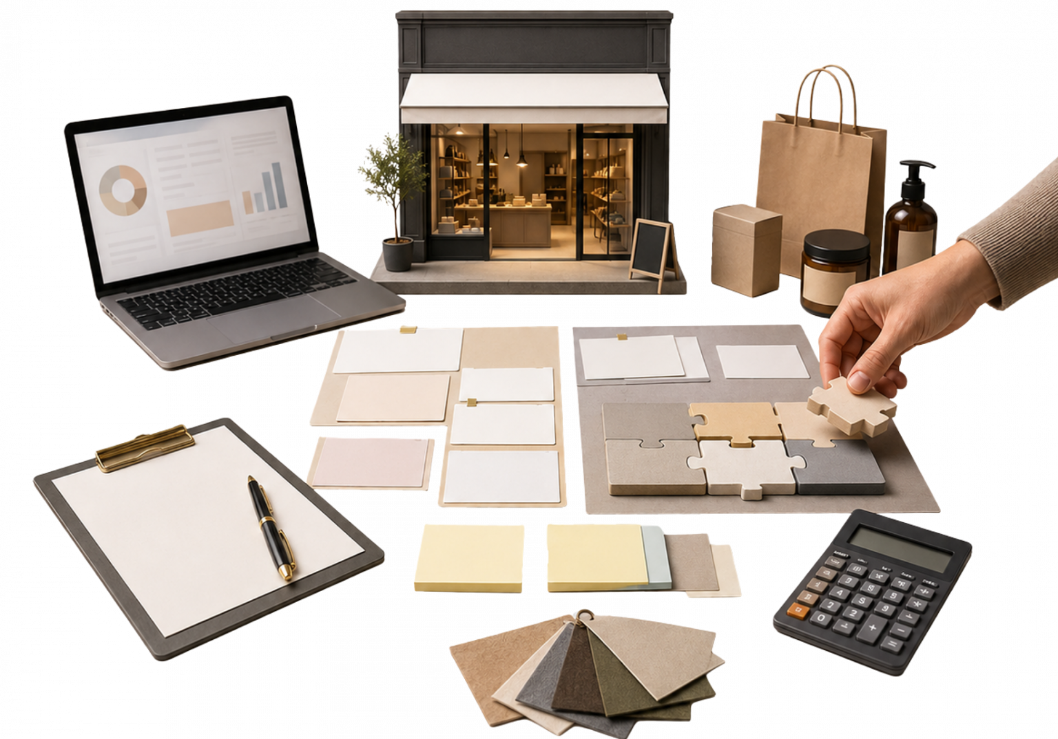 magem realista de uma mesa de planejamento empreendedor com miniatura de loja, notebook, calculadora, cartões e peças modulares, representando a organização de uma ideia para virar empresa.