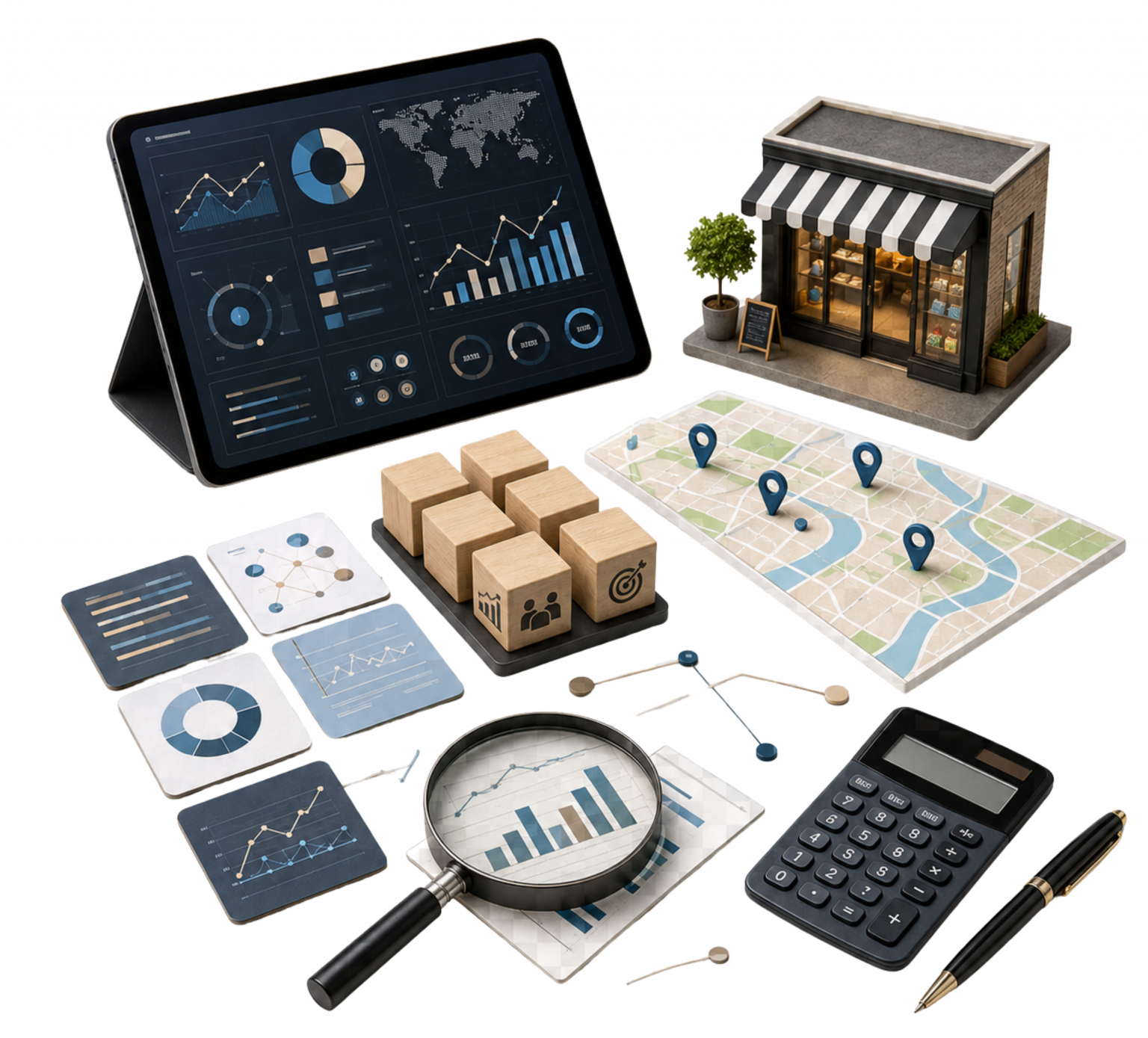 Imagem realista de mesa estratégica com tablet, dashboard abstrato, lupa, cartões de indicadores, mapa e miniatura de loja, representando o uso de dados de mercado para planejar decisões.