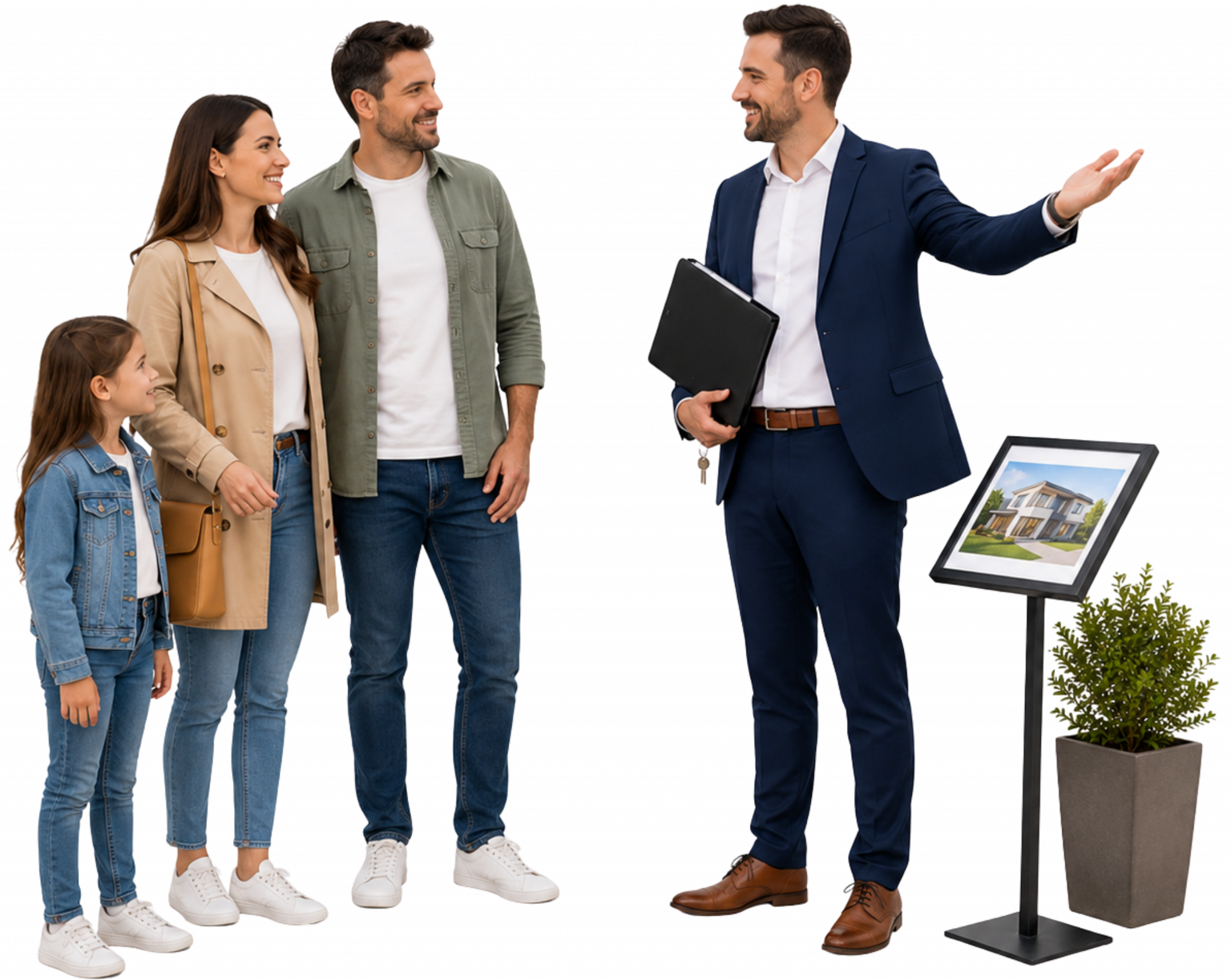 “Cena realista de consultoria imobiliária com corretora orientando família e empreendedor sobre uma casa e um pequeno galpão produtivo, representando imóveis para morar e produzir em Apucarana.”