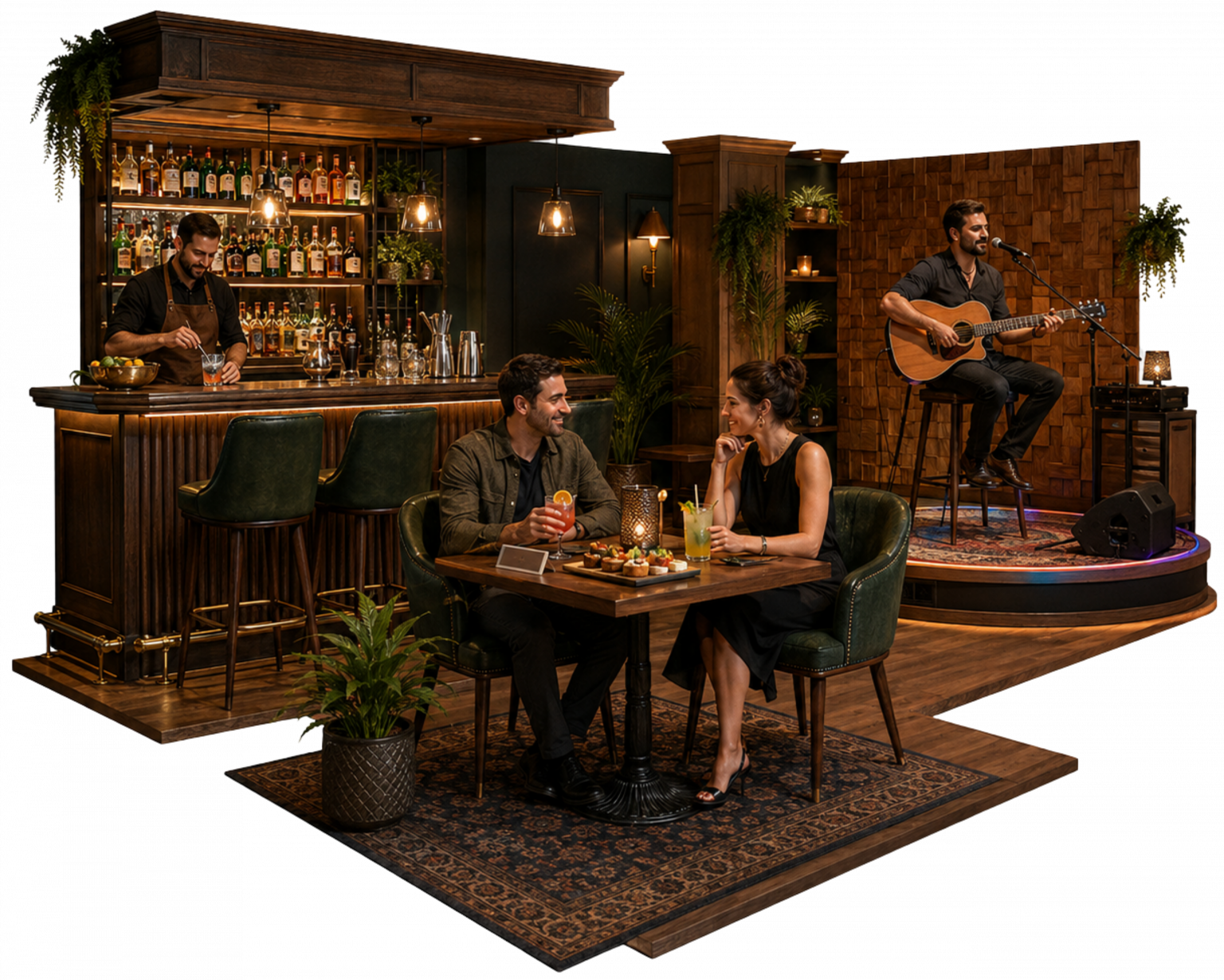 “Cena realista de pub adulto e organizado, com pessoas conversando, drinks, opções sem álcool, petiscos e pequeno palco de música ao vivo, representando a oportunidade de abrir um pub em Arapongas.”