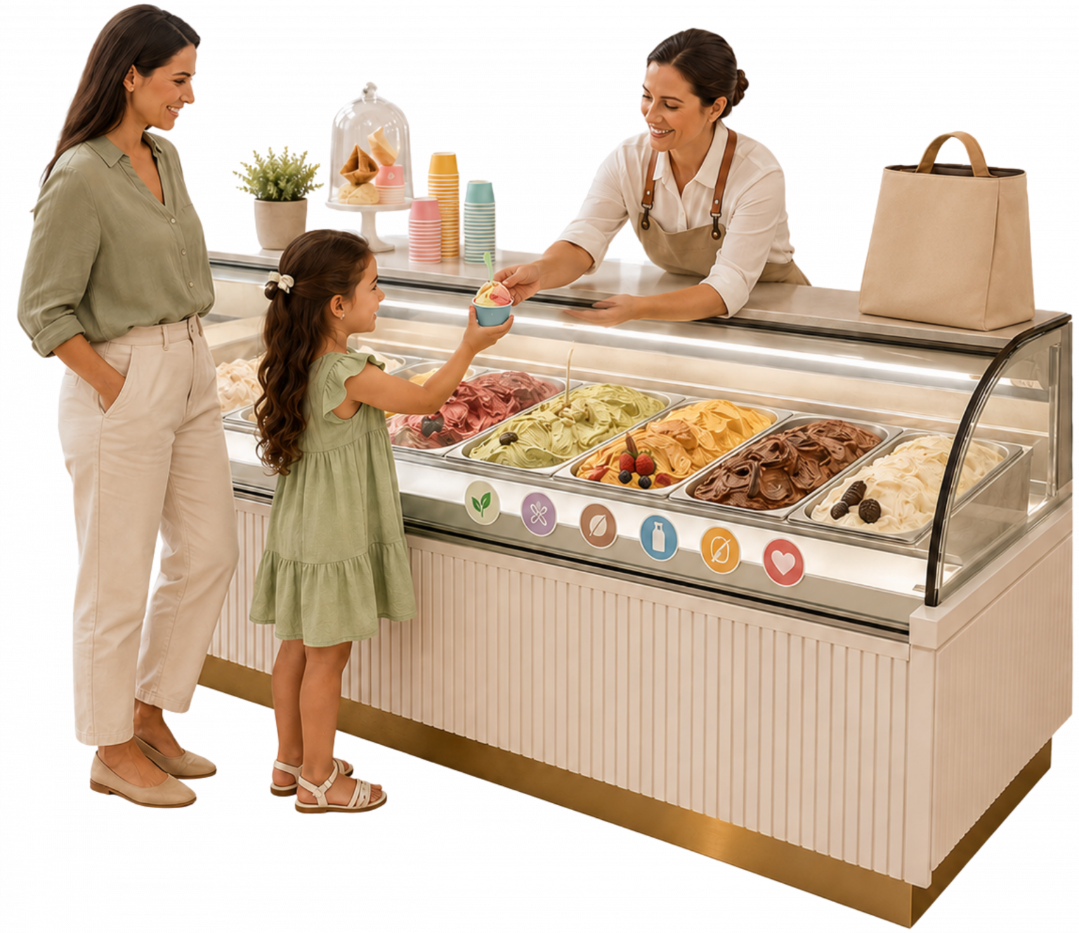 “Cena realista de uma gelateria premium e familiar, com empreendedora atendendo criança e adulto diante de vitrine organizada com opções para restrições alimentares.”