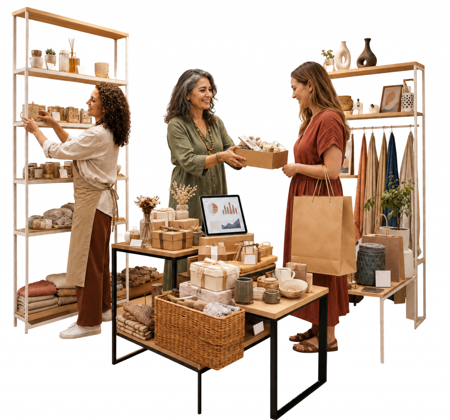 “Imagem realista de uma empreendedora organizando uma vitrine colaborativa com produtos autorais, pequenos expositores, presentes prontos e atendimento a cliente em Rolândia.”