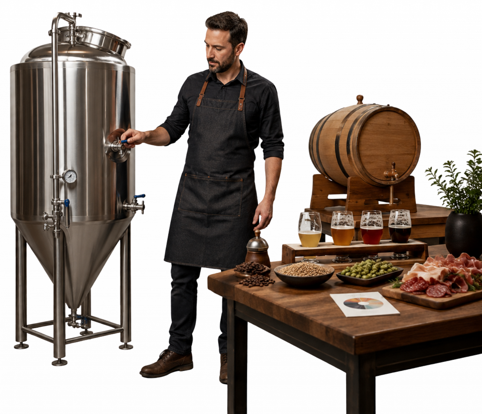 “Imagem realista de um mestre cervejeiro adulto em uma cervejaria de pequeno porte premium, com tanque de inox, barril pequeno, grãos de malte e elementos de harmonização local, representando a oportunidade de negócio em Rolândia.”