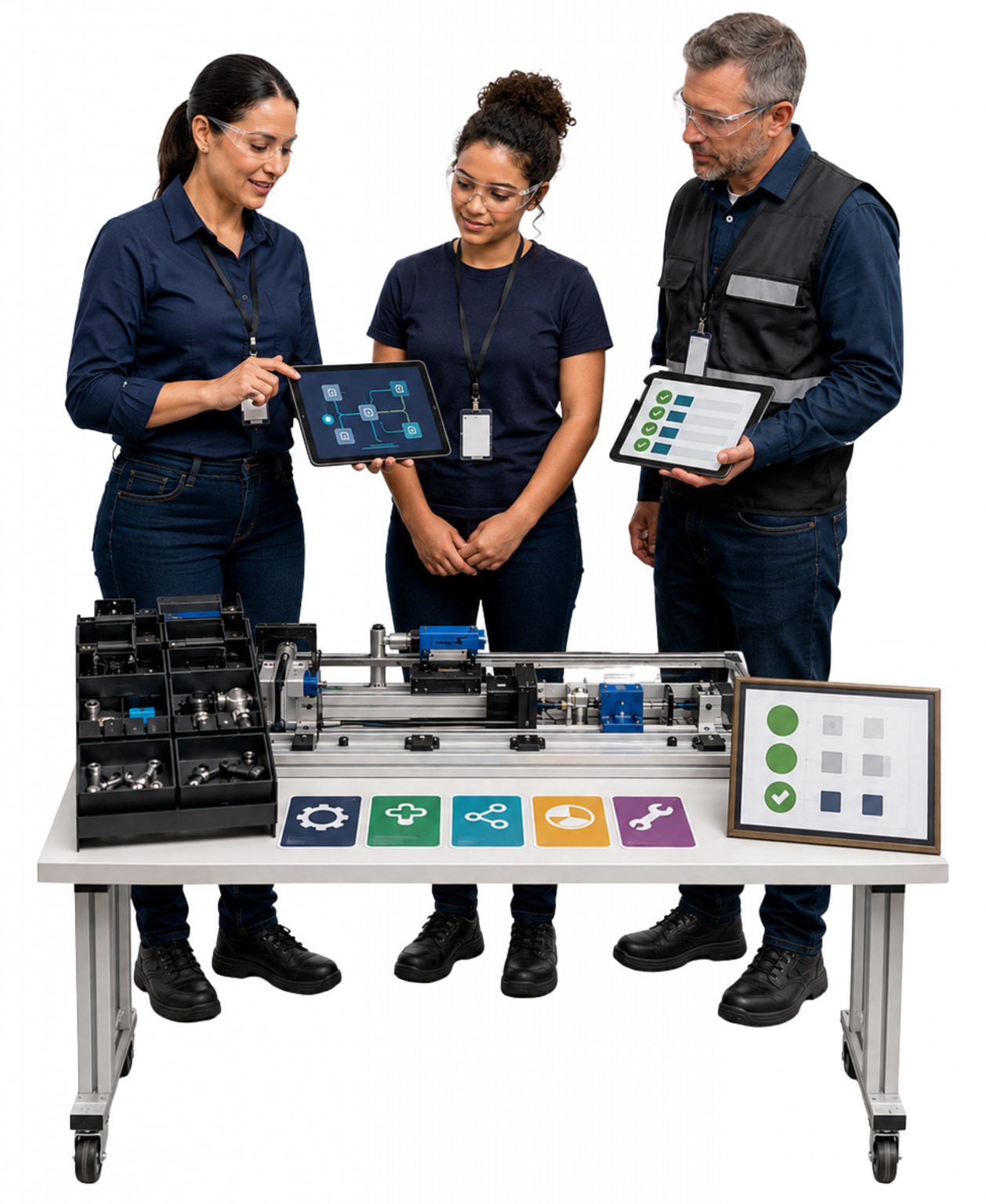 “Cena realista de treinamento profissional com instrutora, jovem candidata e supervisor industrial em ambiente compacto e moderno, representando qualificação rápida para carreiras industriais em Cambé.”