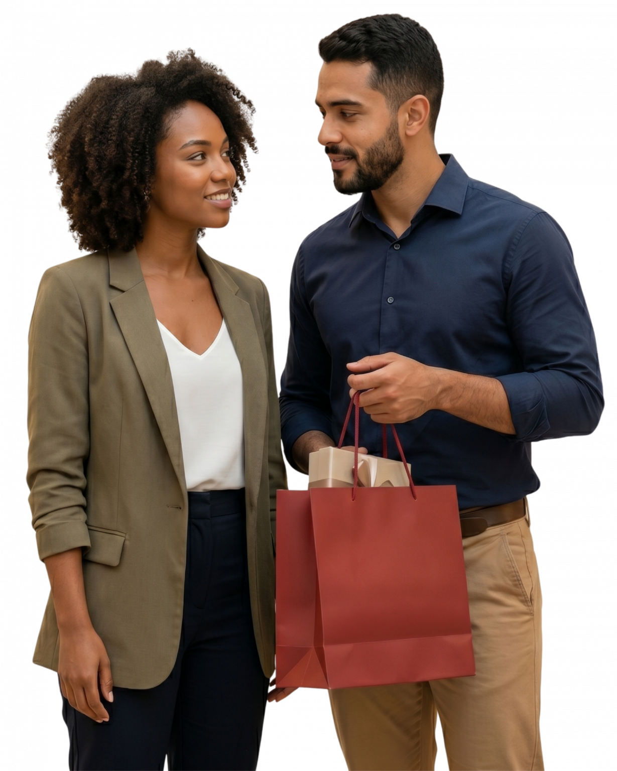 “Fotografia realista de um casal segurando sacolas em um ambiente iluminado de compras. A imagem representa de forma humana a jornada digital e física de aquisição de presentes, ilustrando o fluxo multicanal do comércio no Dia dos Namorados.”