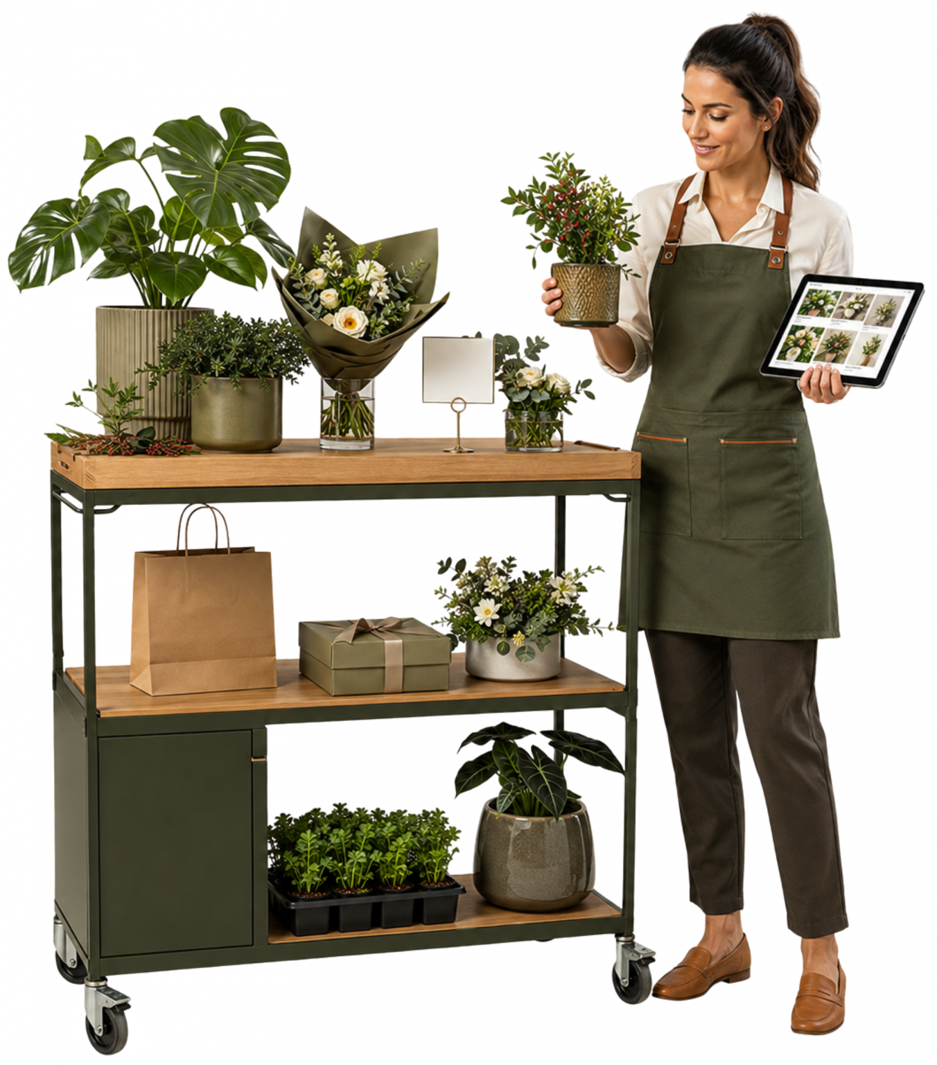 “Imagem realista de uma florista empreendedora organizando plantas, flores, presentes vivos e itens de decoração para empresas e eventos, representando a oportunidade de negócio em Rolândia.”