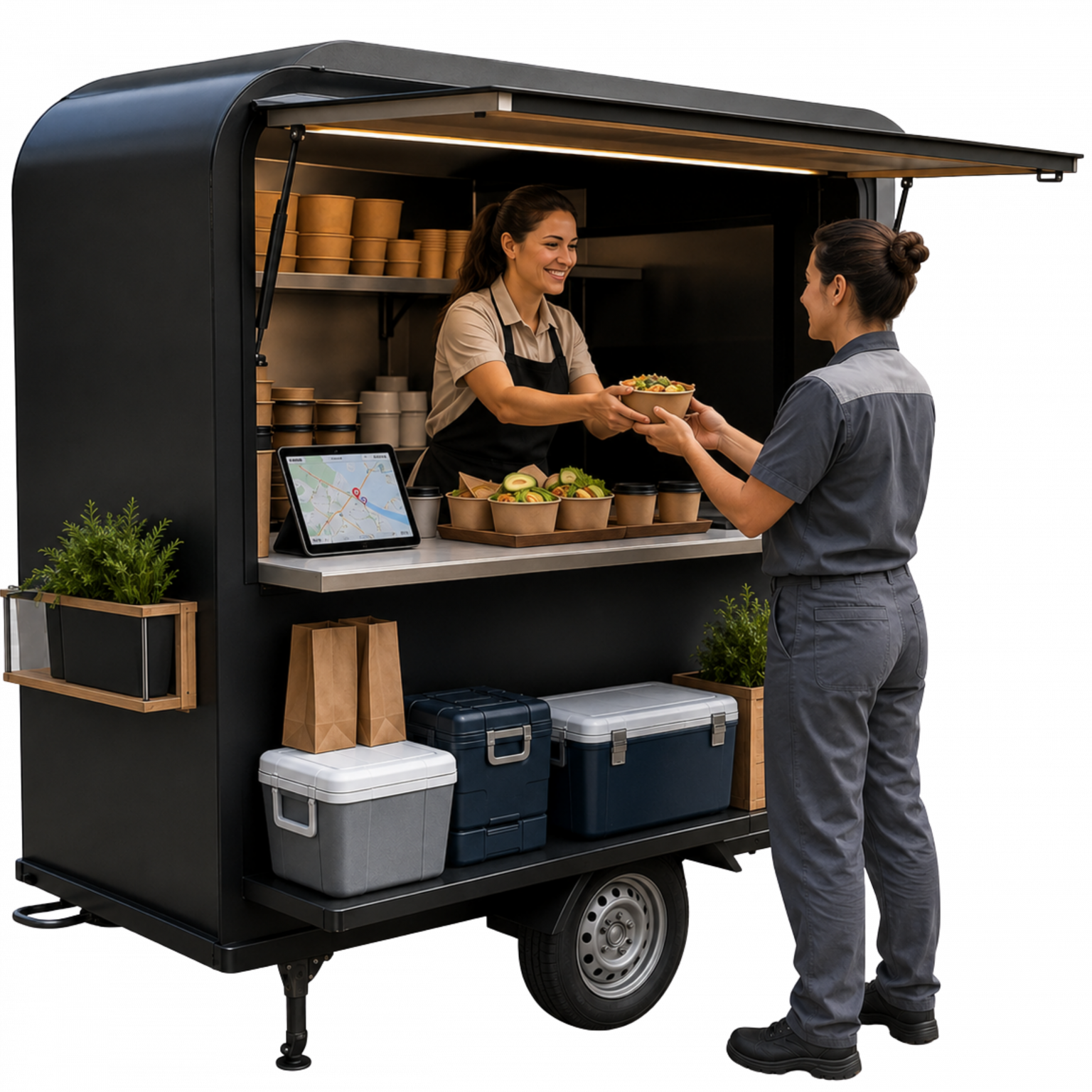 “Cena realista de uma empreendedora atendendo em veículo gastronômico compacto e organizado, representando comida de rota para trabalhadores, fábricas e eventos em Apucarana.”