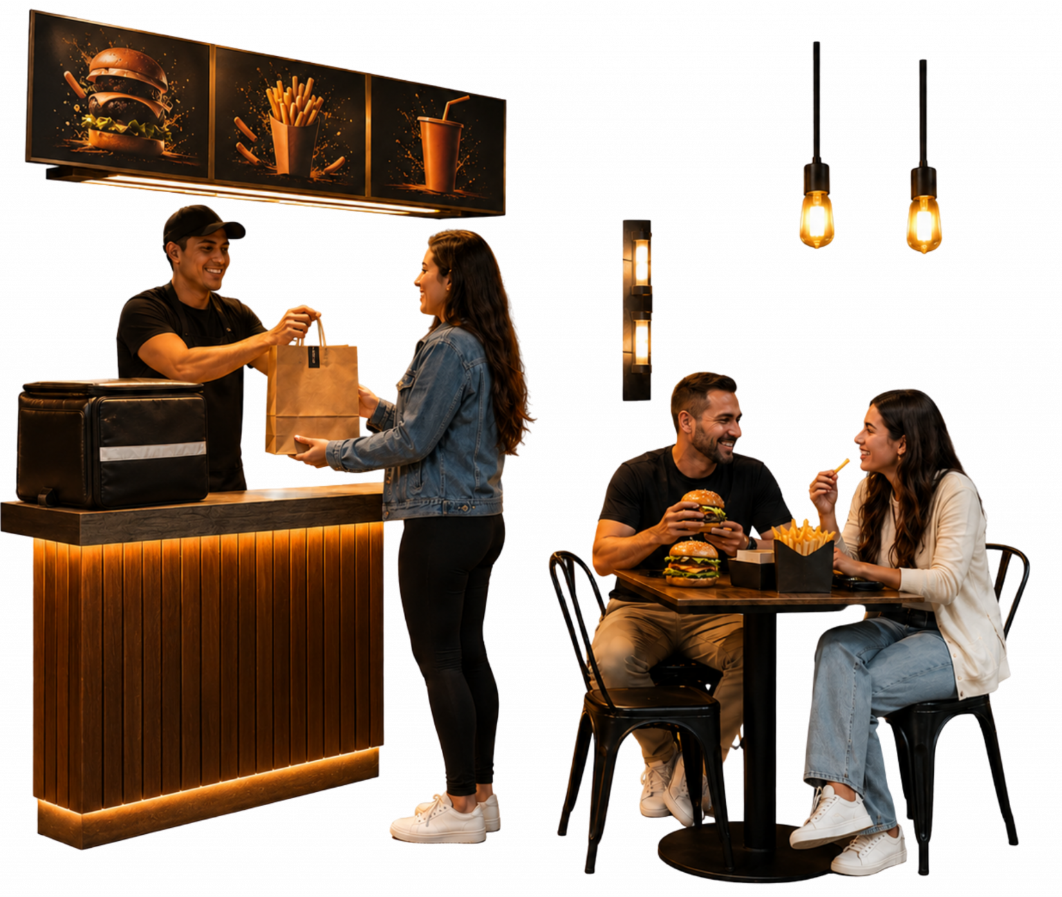 “Cena realista de hamburgueria compacta e noturna, com jovens, família e atendimento de retirada rápida, representando lazer gastronômico local em Cambé.”