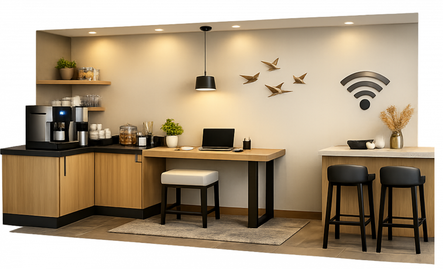 “Cena realista de recepção de hotel funcional, com check-in digital, hóspedes de negócios, mala, café e bancada de trabalho, representando a oportunidade de abrir uma hospedagem para equipes e feiras em Arapongas.”
