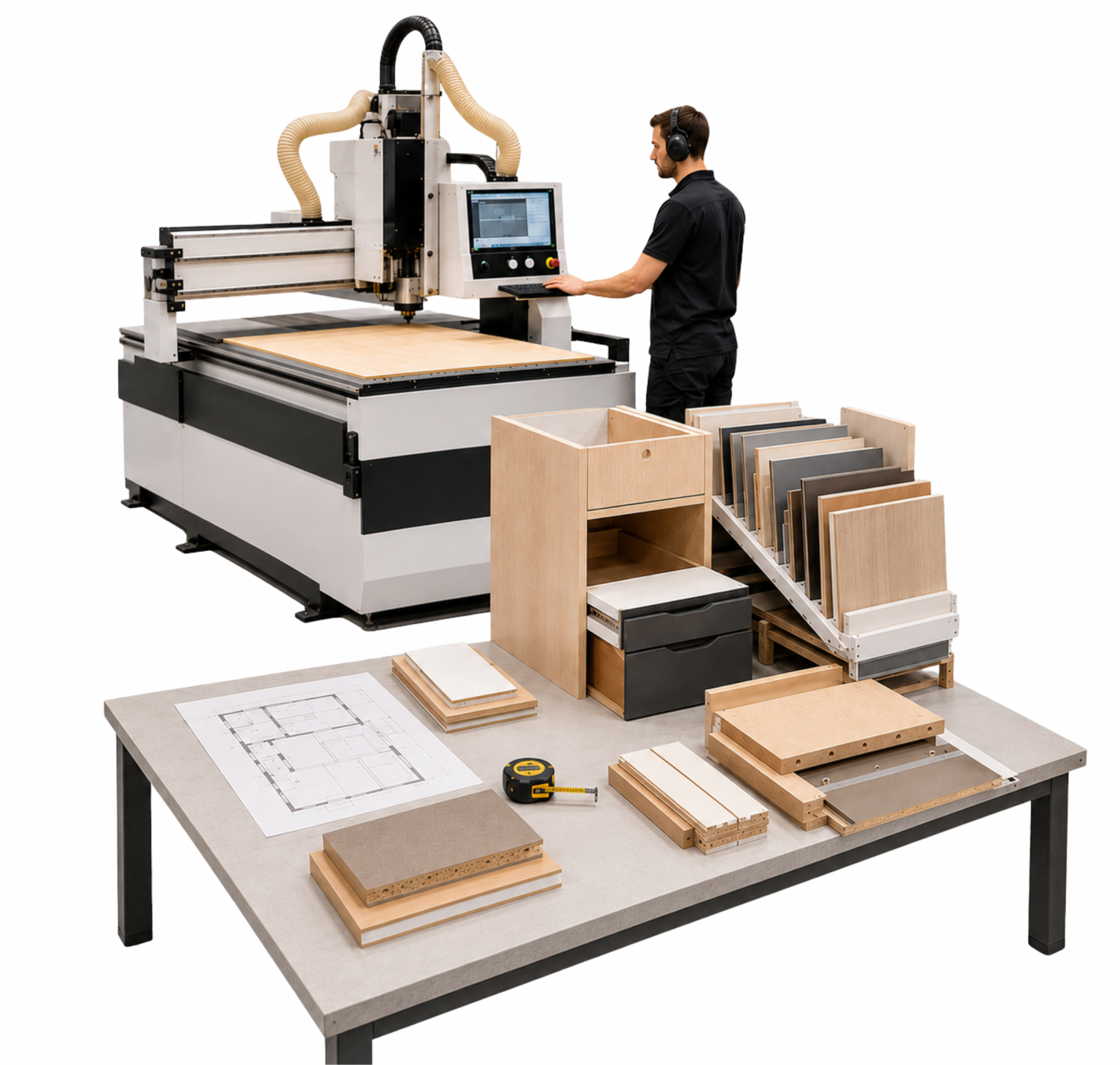 “Cena realista de microfábrica de móveis sob medida com máquina CNC, projeto 3D, amostras de madeira e atendimento consultivo, representando a oportunidade de negócio em Ibiporã.”