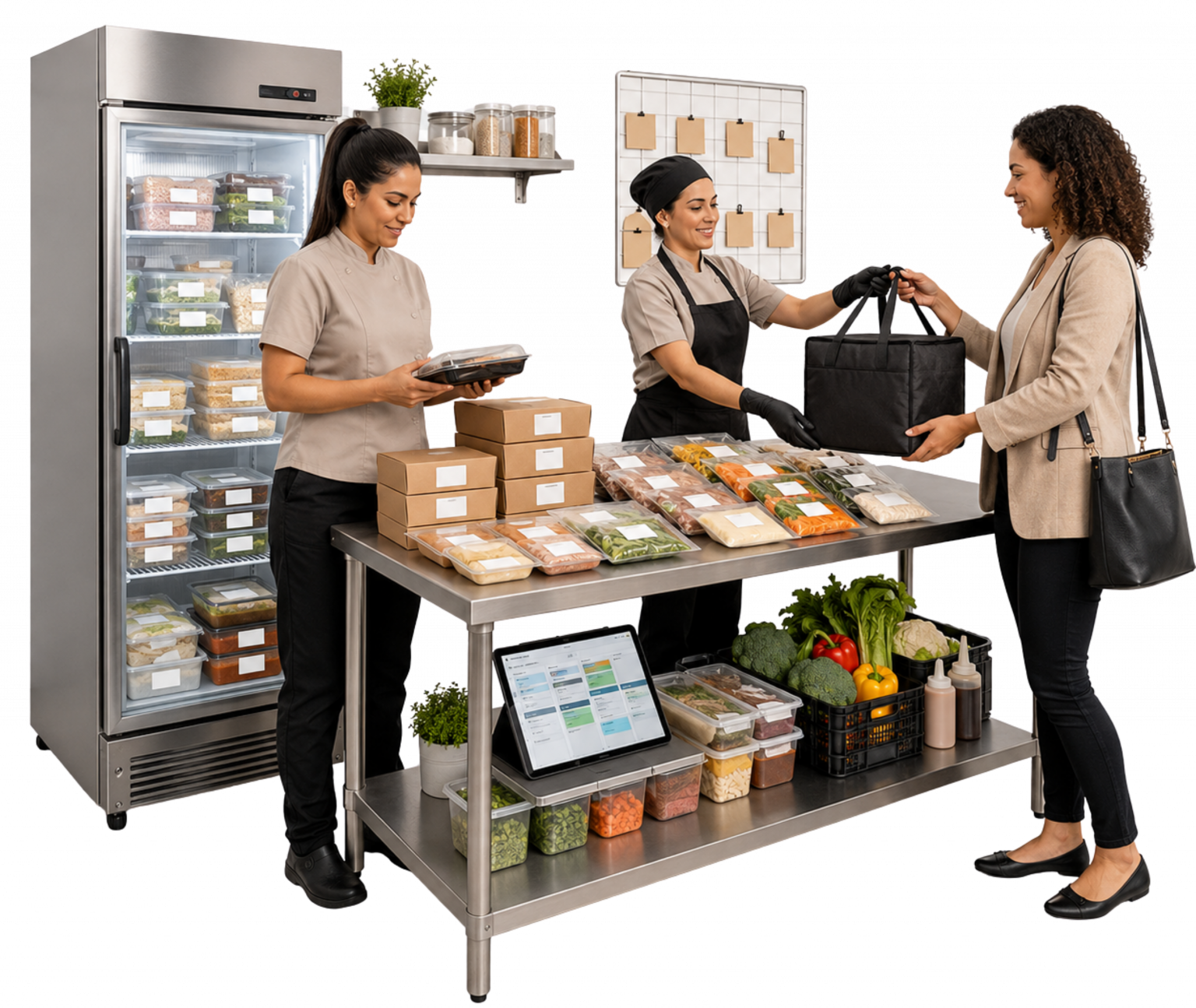 “Cena realista de cozinha profissional compacta com caixas semanais, kits semiprontos, freezer, etiquetas de validade e entrega de caixa térmica, representando a oportunidade de freezer planejado em Ibiporã.”