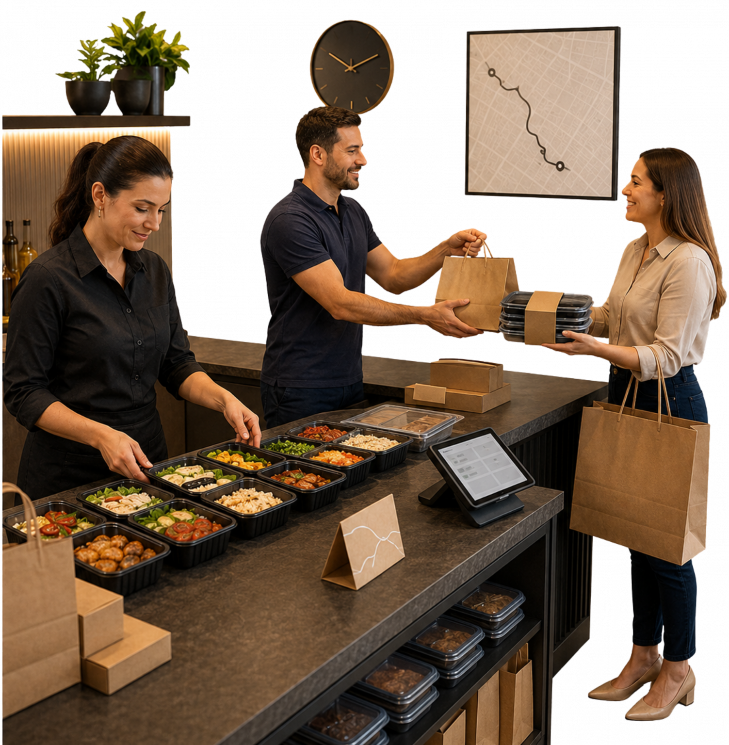 “Cena realista de restaurante compacto com pratos organizados por horário, balcão de retirada, refeição para trabalhador e kit familiar, representando uma oportunidade de alimentação prática em Ibiporã.”