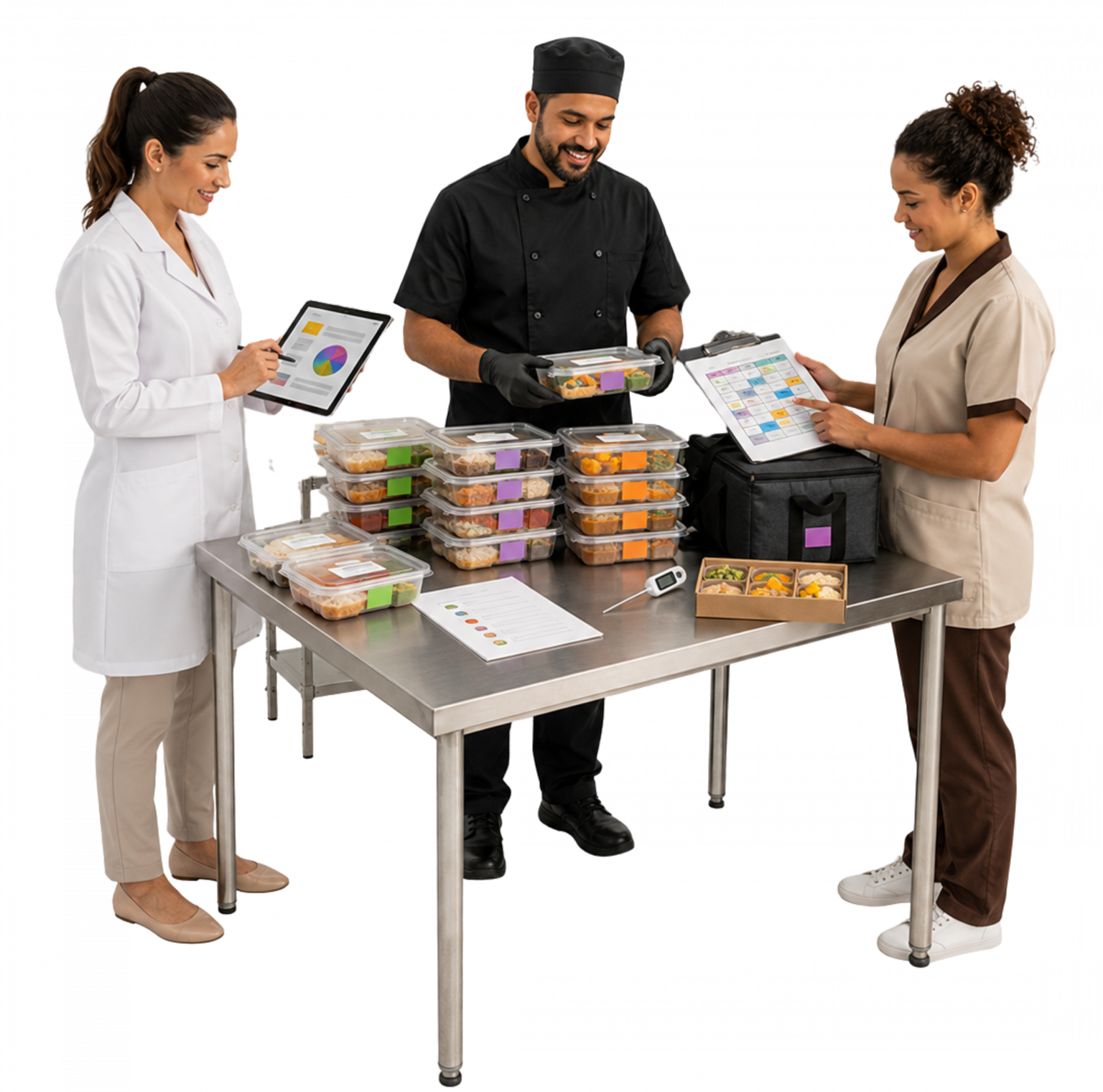 “Cena realista de nutricionista, cozinheira e familiar cuidadora organizando refeições congeladas, etiquetas e calendário de reposição em uma cozinha profissional.”