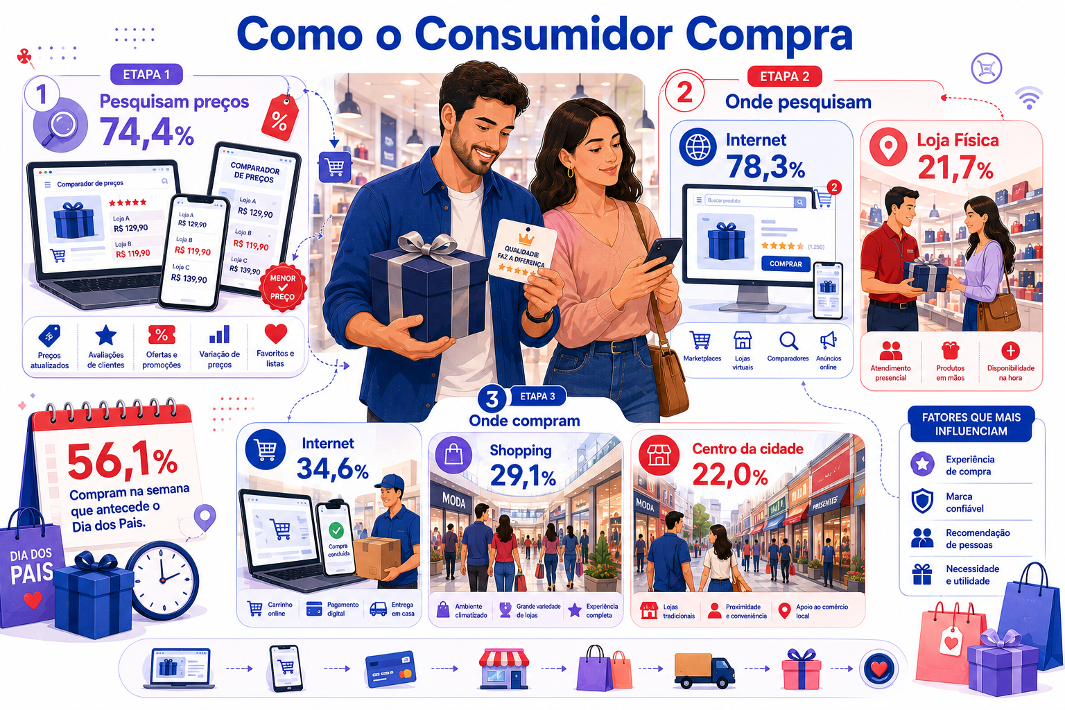 "Fluxo ilustrado mostra como ocorre a jornada de compra, destacando pesquisa de preços, canais utilizados para pesquisa e principais locais escolhidos para realizar as compras."