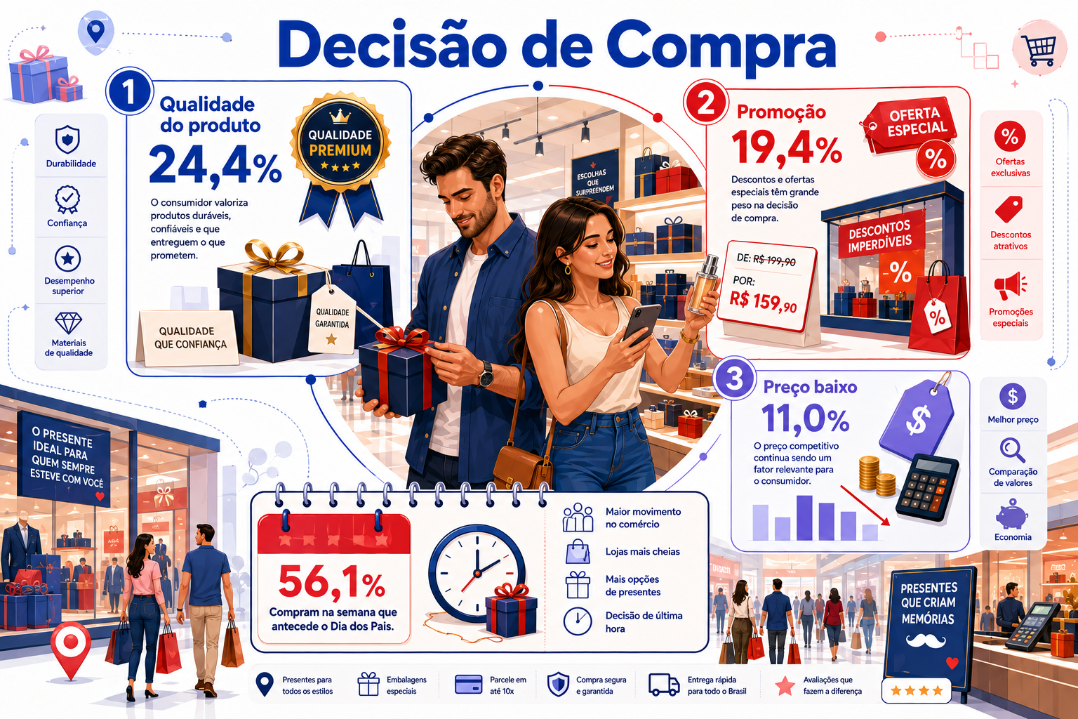 "Infográfico apresenta os principais fatores considerados pelos consumidores na decisão de compra e destaca o período em que grande parte das compras é realizada antes do Dia do