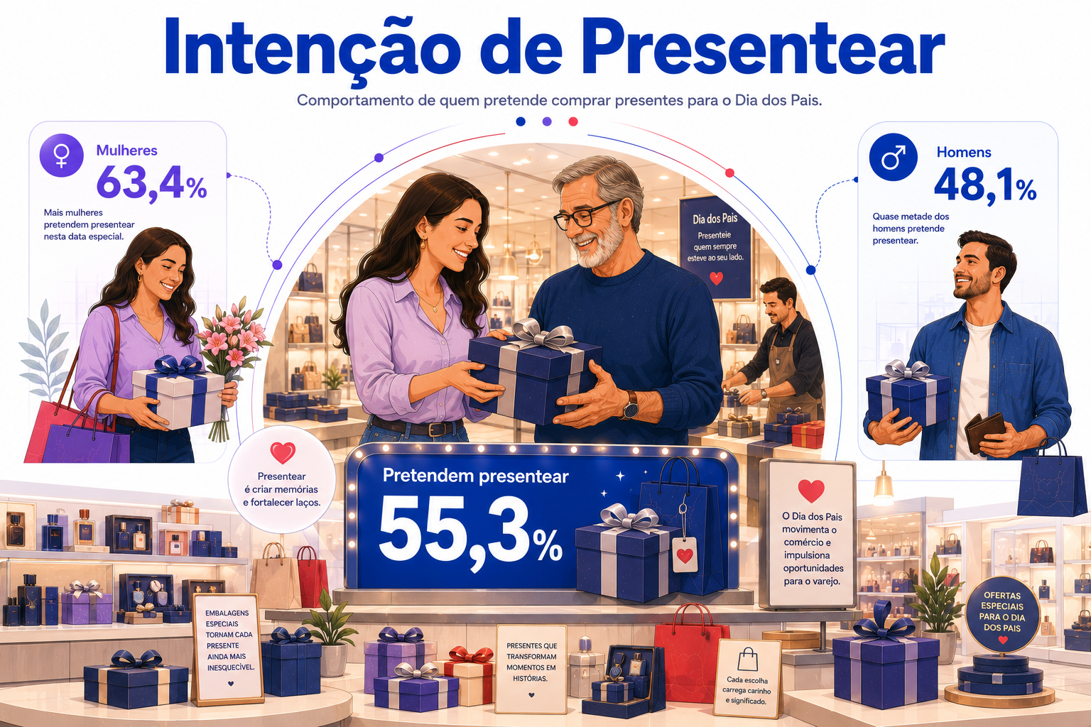 Ilustração editorial mostrando pai e filha durante a escolha de um presente em uma loja moderna, destacando a intenção de presentear e o perfil dos consumidores da Regional Centro.