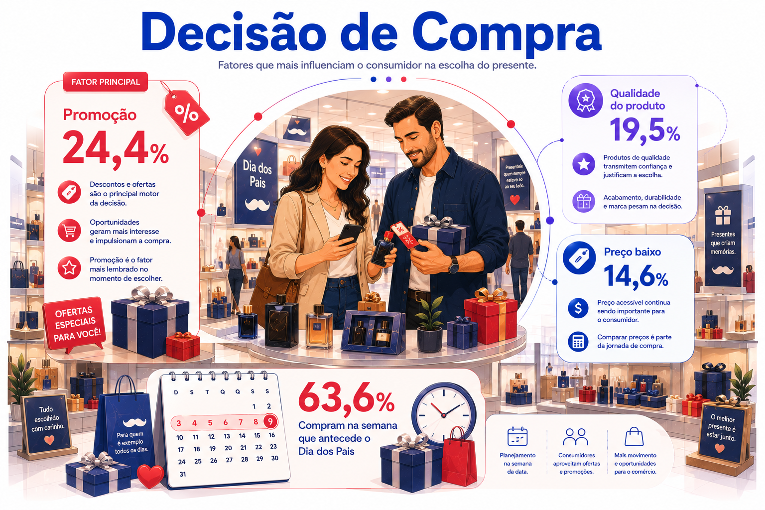Ilustração editorial mostrando um casal analisando presentes em uma loja, destacando promoção, qualidade do produto e preço baixo como fatores que influenciam a decisão de compra.