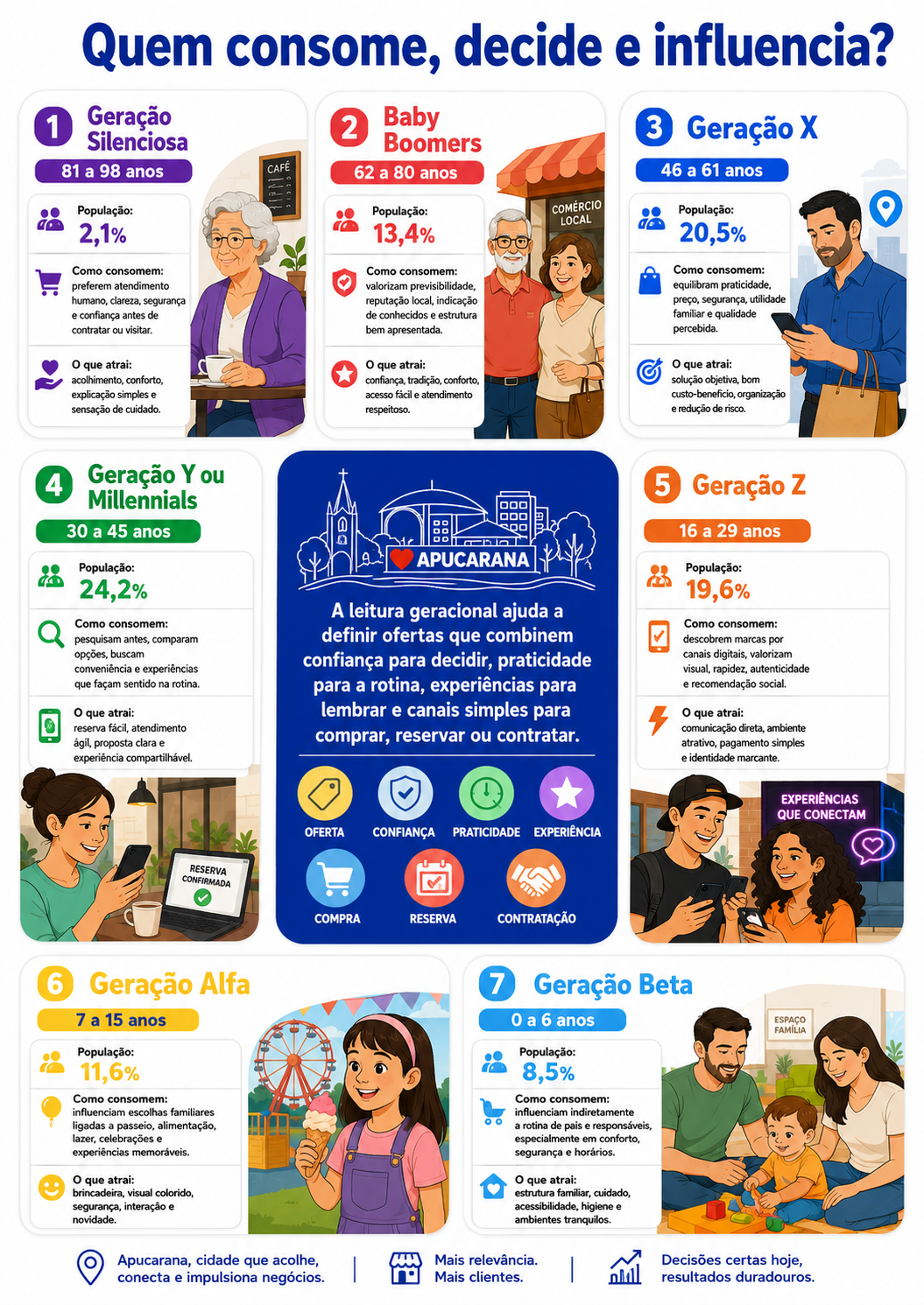 “Infográfico em estilo flat vector com radar geracional de consumo em Apucarana, mostrando faixas etárias, participação da população, formas de consumo, fatores de atração e síntese sobre como diferentes gerações influenciam oferta, atendimento e recorrência.”