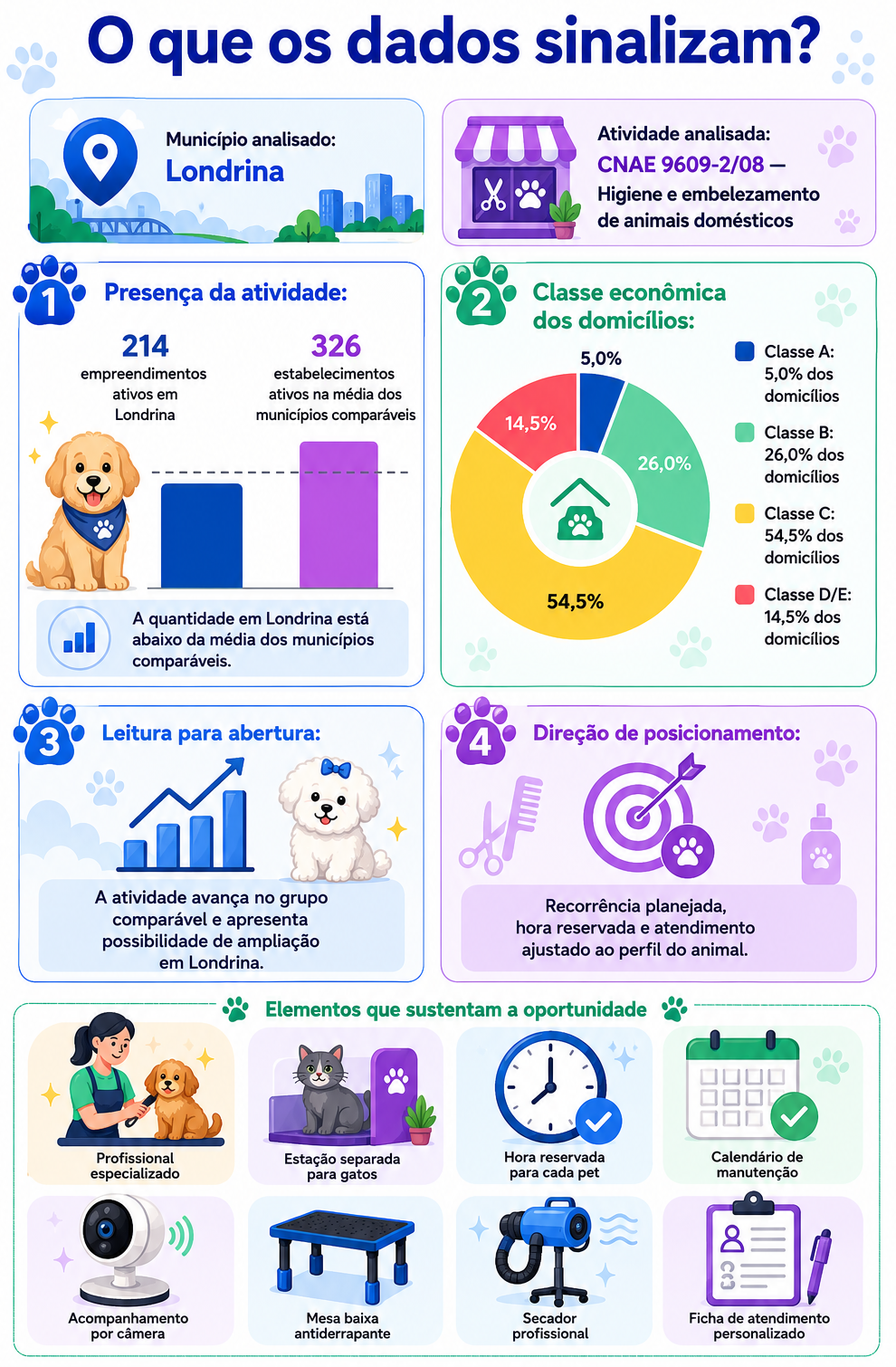 “Infográfico compara a presença da atividade de higiene animal em Londrina com municípios semelhantes e apresenta a distribuição econômica e a direção de posicionamento do negócio.”