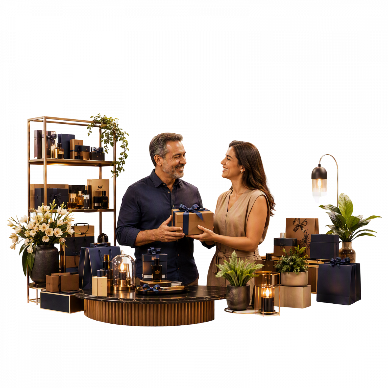 Conjunto de quatro cenas hiper-realistas representando a experiência de compra para o Dia dos Pais, incluindo pesquisa de preços, escolha do presente, decisão de compra e finalização da compra em ambiente comercial contemporâneo.