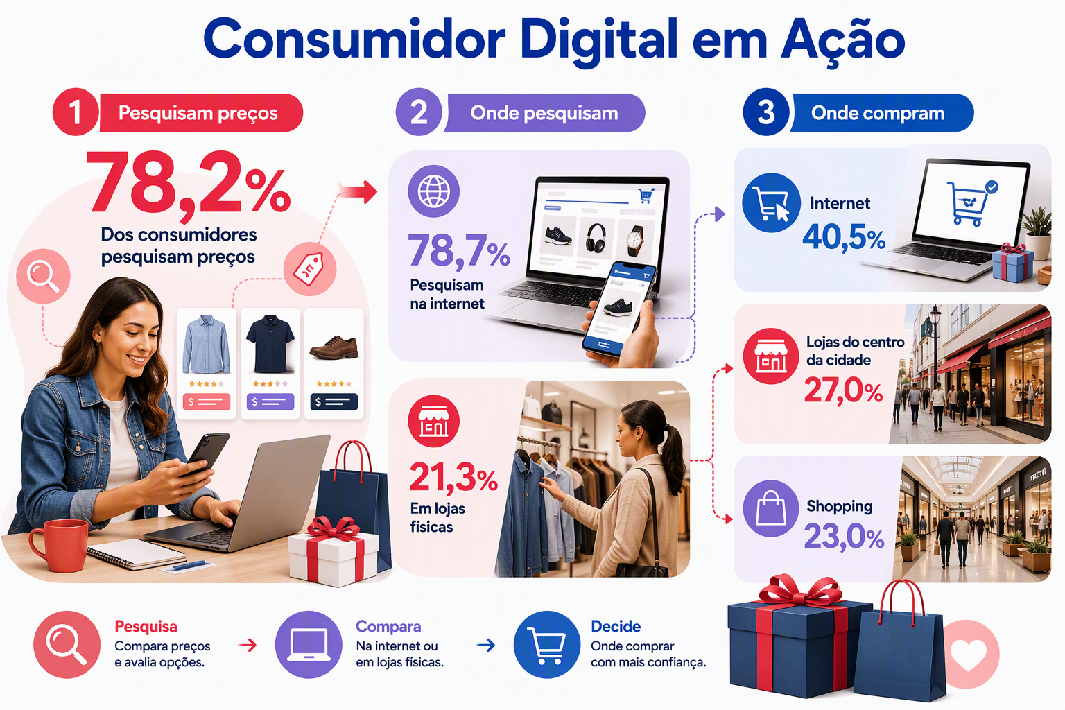 “Infográfico sobre Dia dos Pais mostrando a jornada digital de comparação de preços e escolha dos canais de compra na Regional Norte.”