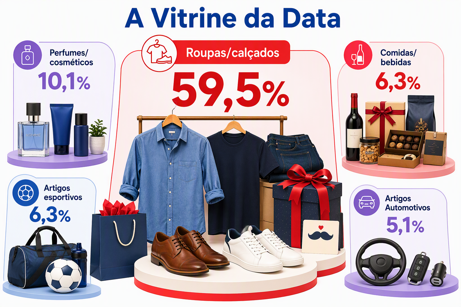 “Infográfico em formato de vitrine editorial com categorias de presentes de uso pessoal, destacando roupas e calçados como foco visual.”