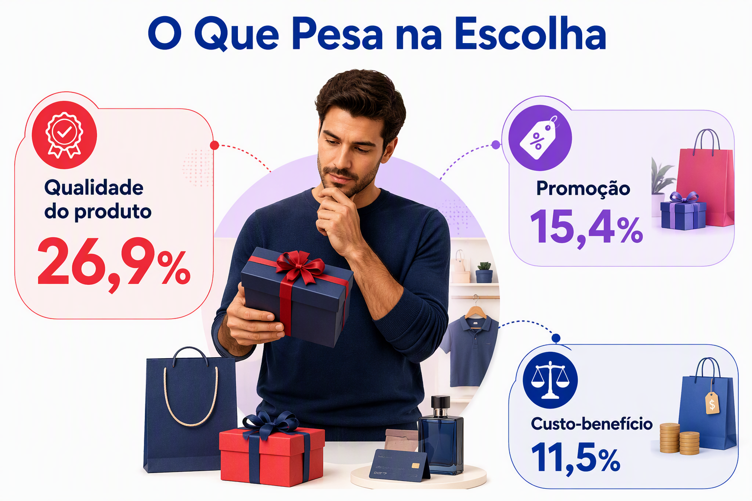 “Infográfico com mapa conceitual sobre os fatores que influenciam a escolha do presente, organizado em torno da decisão de compra.”