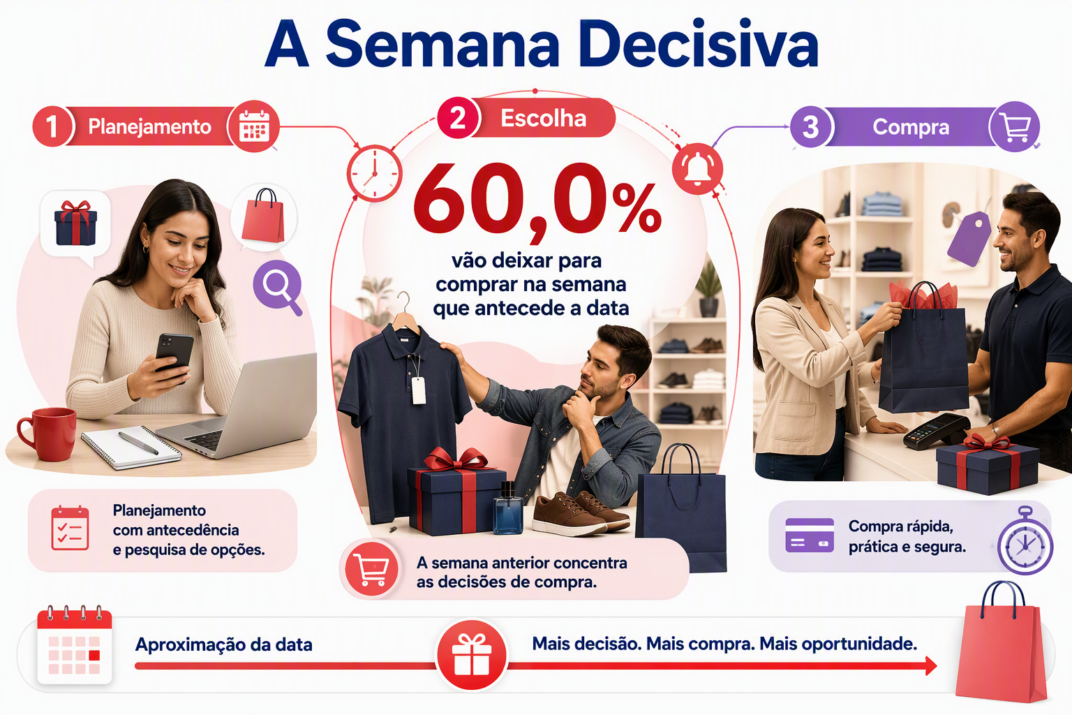 “Infográfico em fluxo temporal destacando a concentração das compras na semana anterior à data, ilustrando o momento de maior movimento comercial para o varejo.”