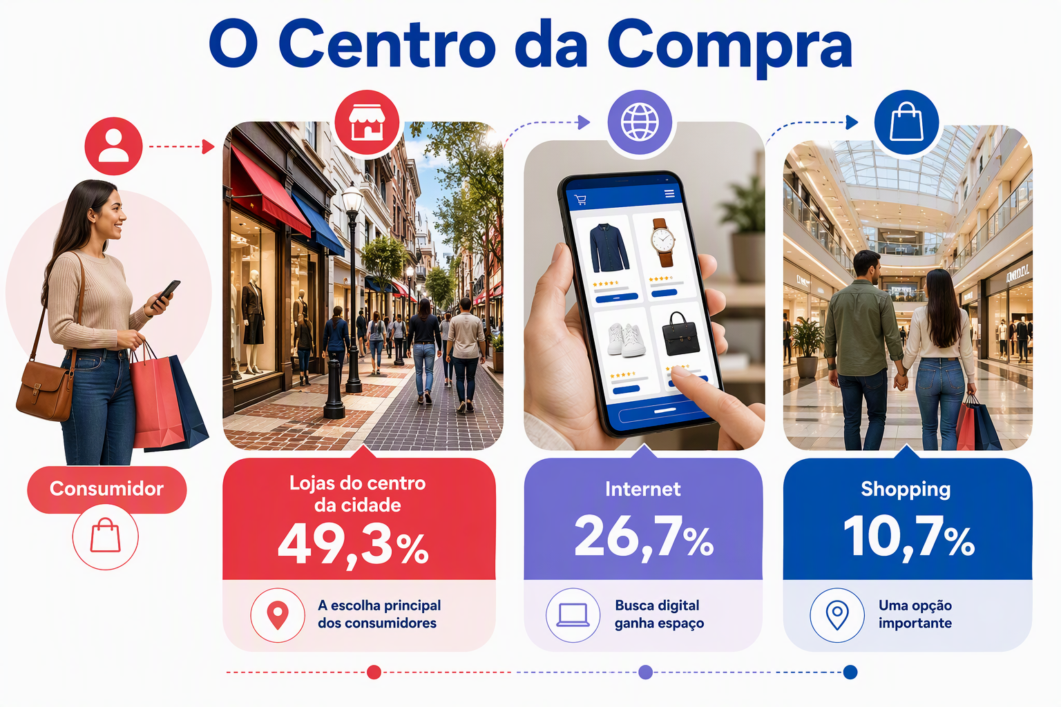 “Compras Dia dos Pais Sul: infográfico em formato de jornada visual mostrando os principais locais de compra, com destaque para as lojas do centro da cidade e comparação com internet e shopping. A imagem ajuda o leitor a entender onde os consumidores pretendem realizar suas compras.”