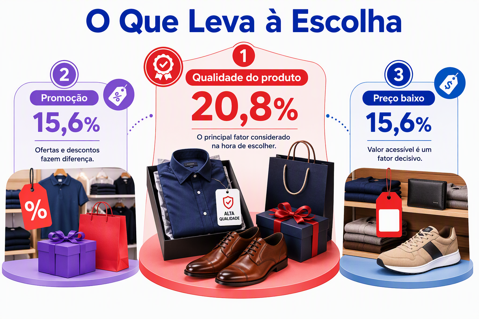“Infográfico organizado em blocos estratégicos destacando os fatores considerados na escolha do presente, apresentando qualidade do produto, promoção e preço baixo. A imagem mostra os atributos avaliados pelos consumidores no momento da decisão.”