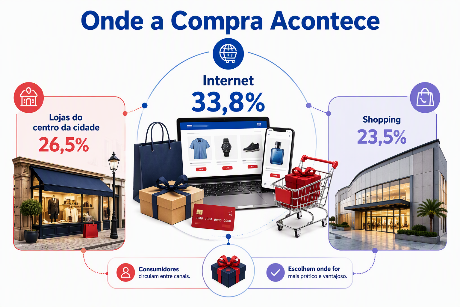 “Infográfico em ecossistema conectado mostrando os principais ambientes de compra, reunindo internet, lojas do centro e shopping. A imagem ilustra os canais utilizados durante a jornada de compra.”