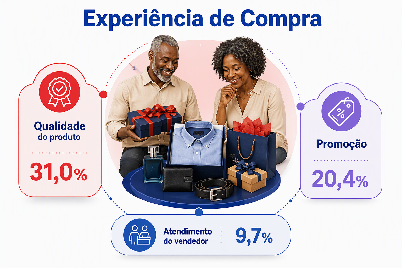 “Infográfico em mapa conceitual apresentando fatores que influenciam a escolha do presente, com foco em qualidade do produto, promoção e atendimento do vendedor.”