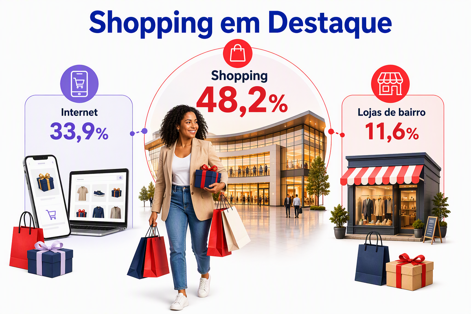 “Infográfico em fluxo visual mostrando os principais ambientes de compra, com destaque para shopping, internet e lojas de bairro na jornada do consumidor.”